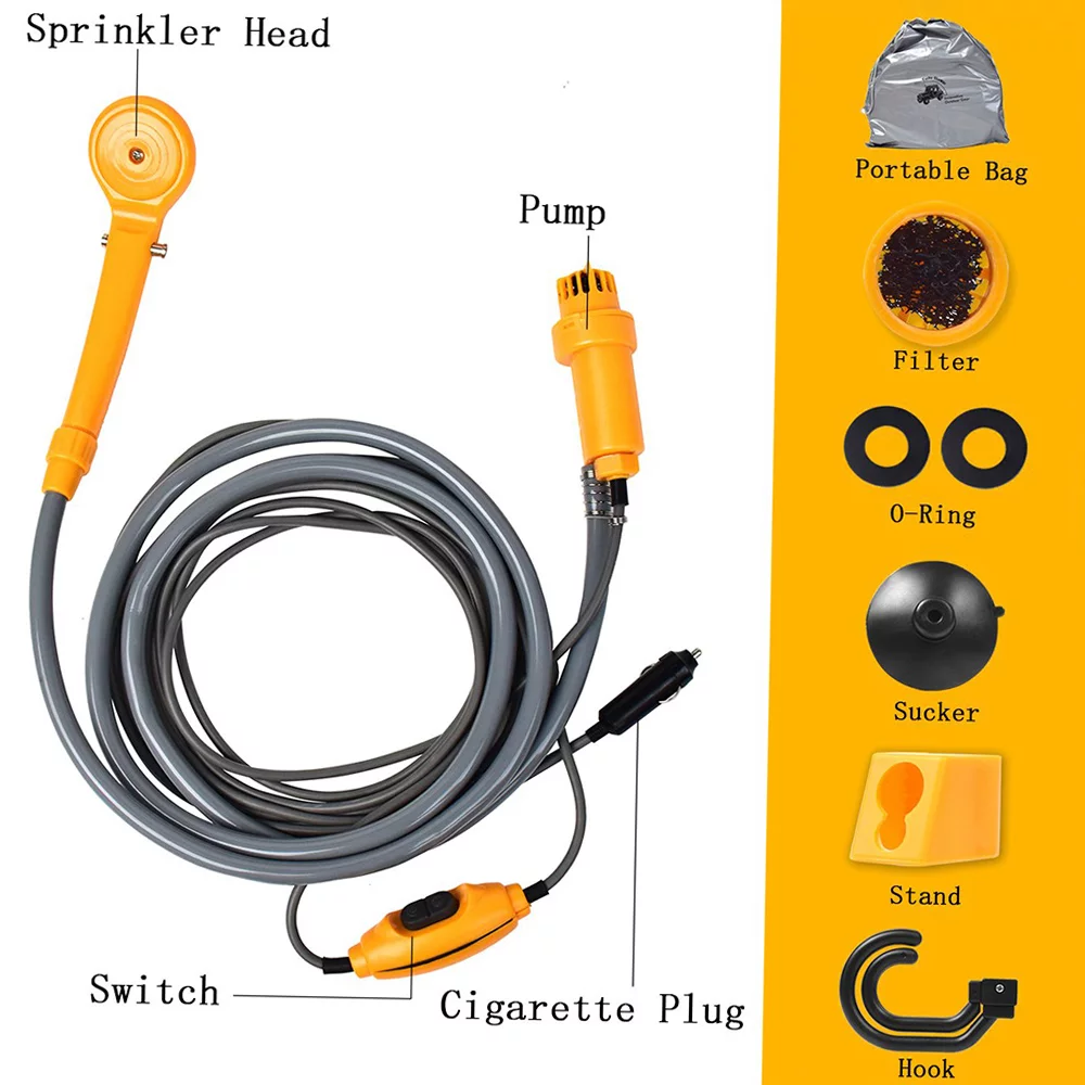 Aumotop Portable Outdoor Shower Kit, Camping Showers with Water Pump, 6 Meter Cable with Lighter Plug, Ma