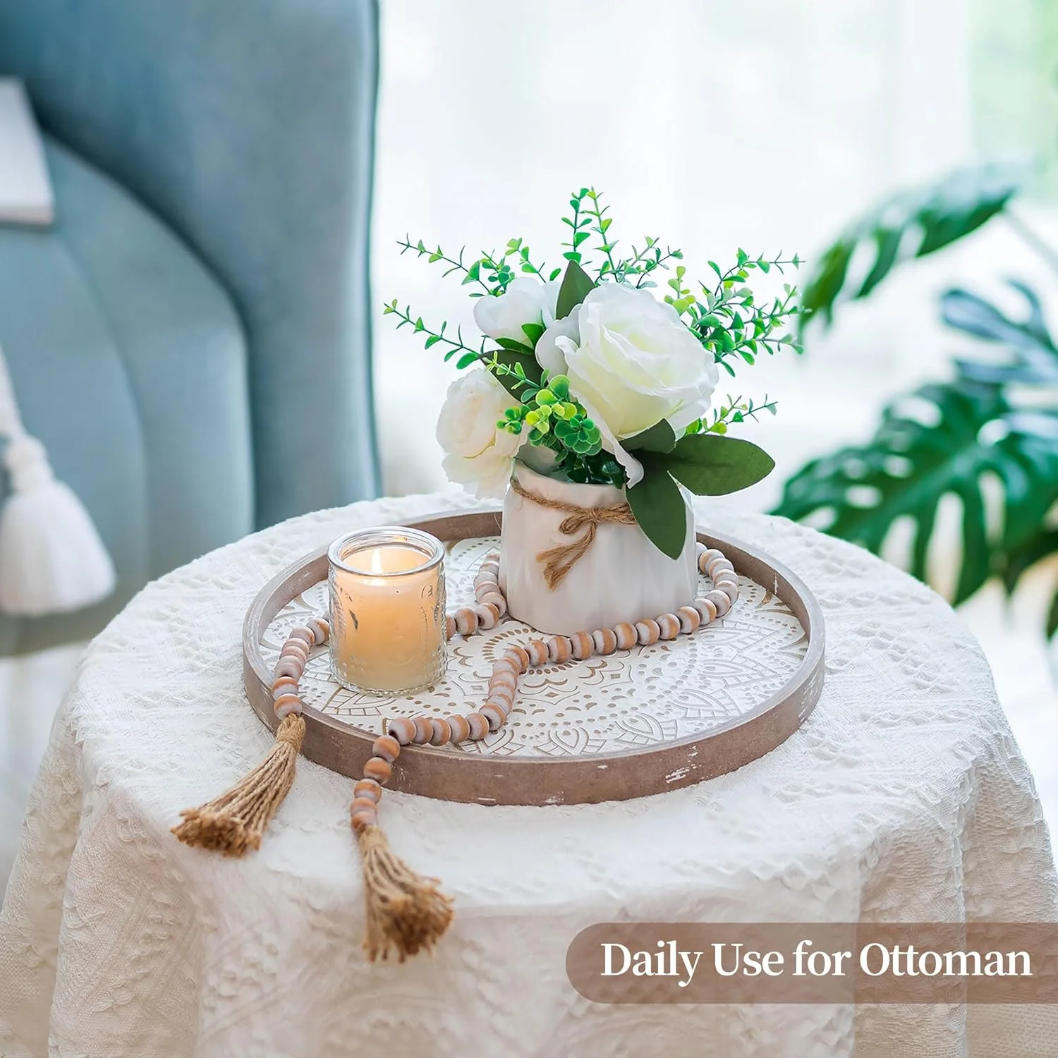 Hanobe Farmhouse Coffee Table Tray Brown Decorative Tray Round Wooden Tray for Home Decor 11.8