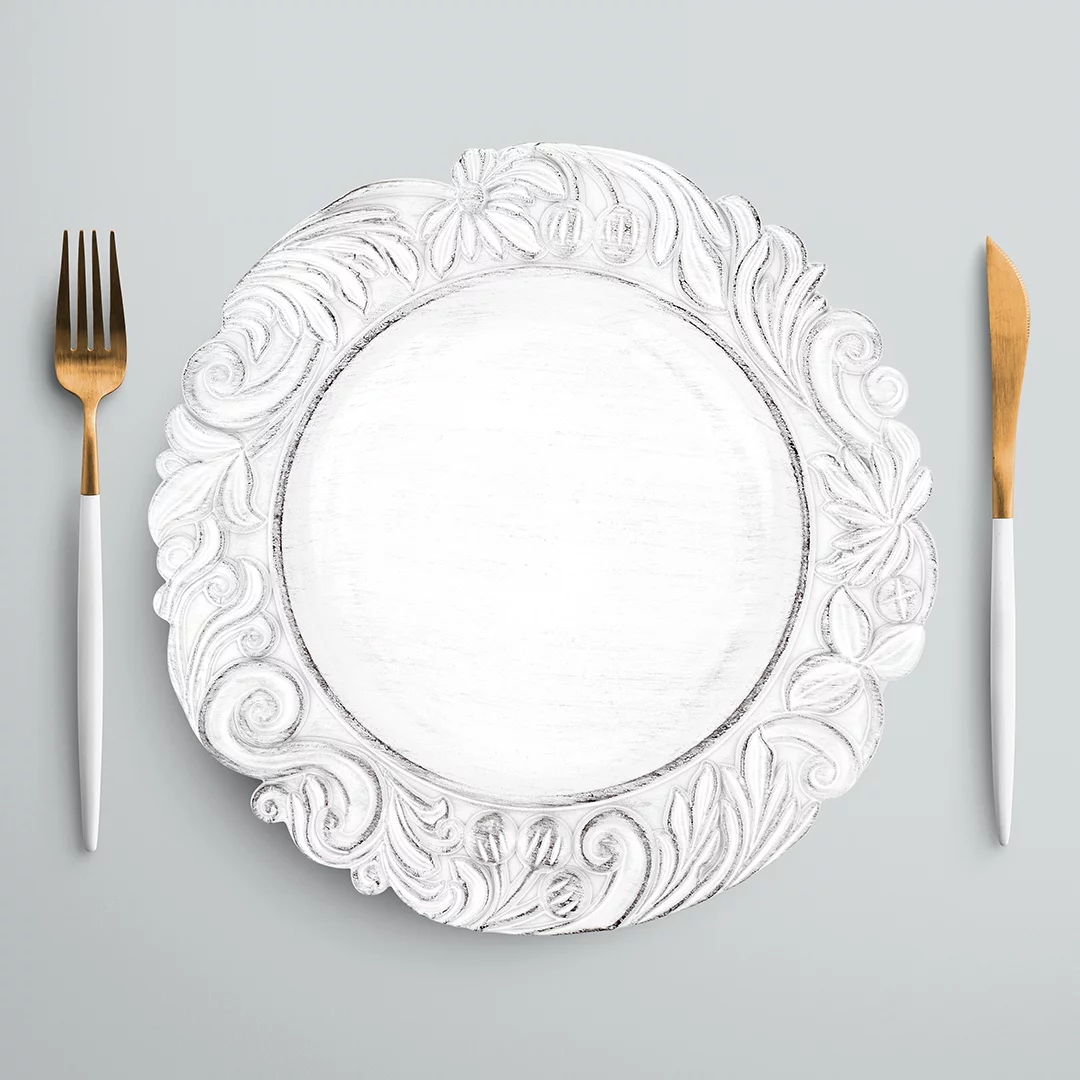 Koyal Wholesale Acrylic Charger Plates Round Antique White Baroque - Set of 4 Buy Bulk for Weddings and Events