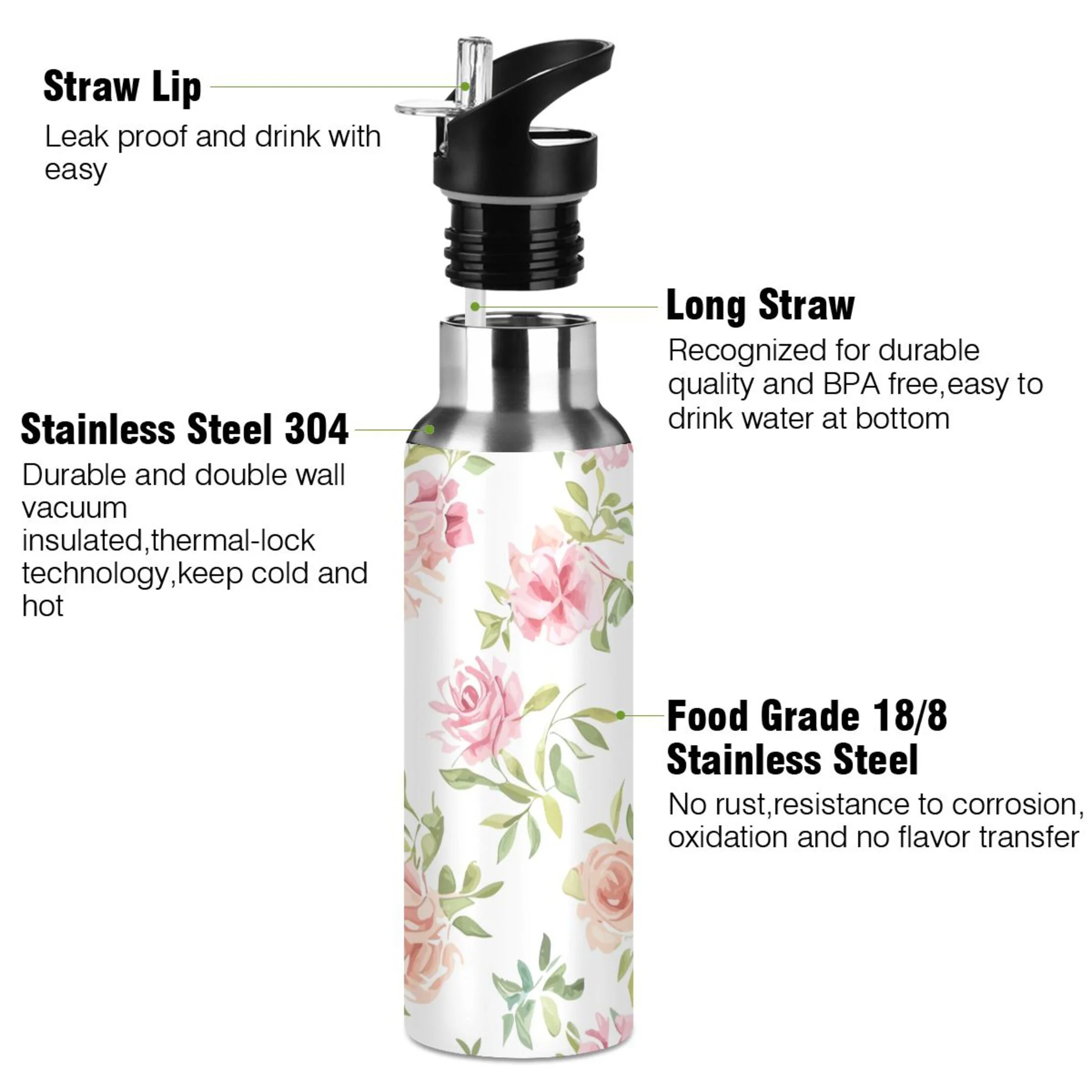 Water Bottle with Straw Lid Leak Pink Flowers Roses and Leaf Stainless Steel Insulated Thermos Vacuum Flask for Cold Hot Drinking for Sports Camping Gym Yoga