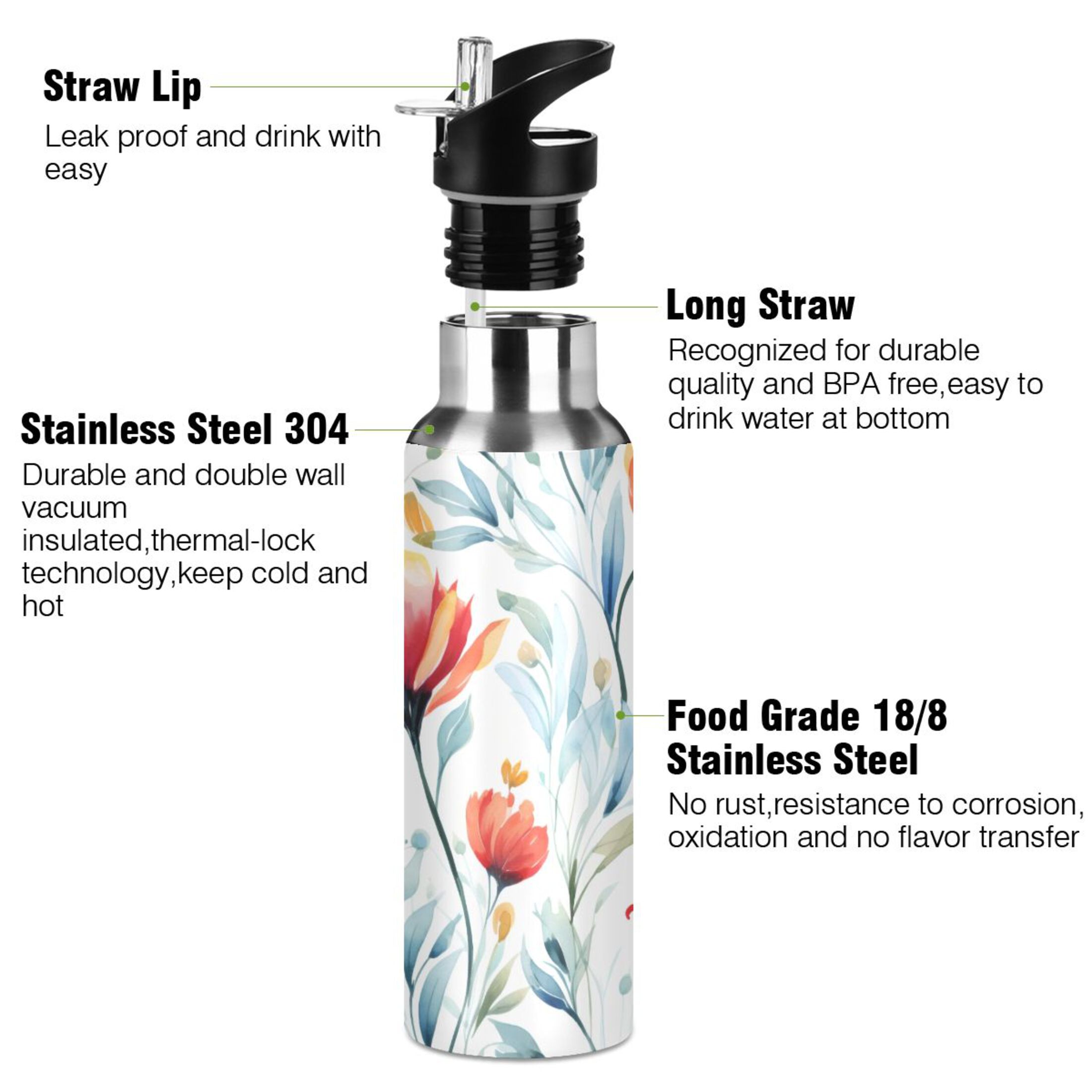 Flowers and Blue Water Bottles Insulated Thermos Kids Stainless Steel Bottle with Straw Lid Flask Leakproof for Sports Gym 20 oz