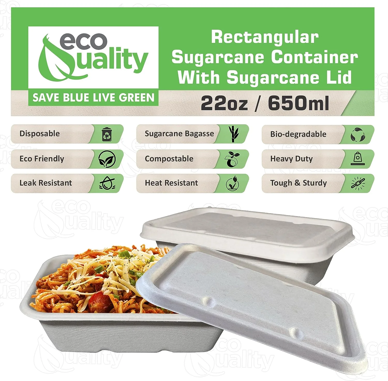 EcoQuality 22oz Disposable Bowls with Fiber Lids - Rectangular Compostable Sugarcane Fiber Biodegradable Paper Bowls Eco-Friendly Take Out Food Storage Containers, Microwave Safe, Meal Prep (25 PACK)