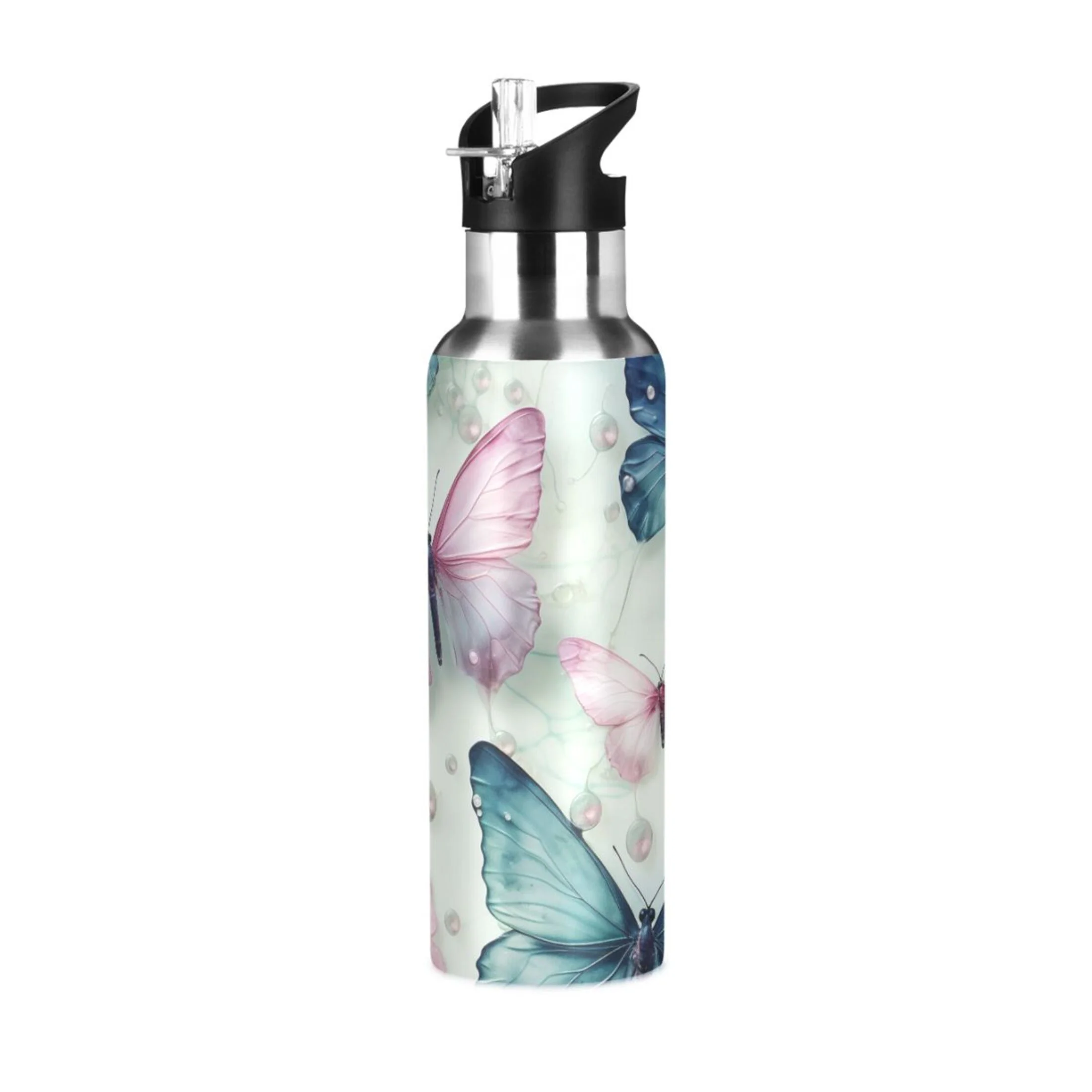 Butterfly Retro Water Bottles Insulated Thermos Kids Stainless Steel Bottle with Straw Lid Flask Leakproof for Sports Gym 20 oz