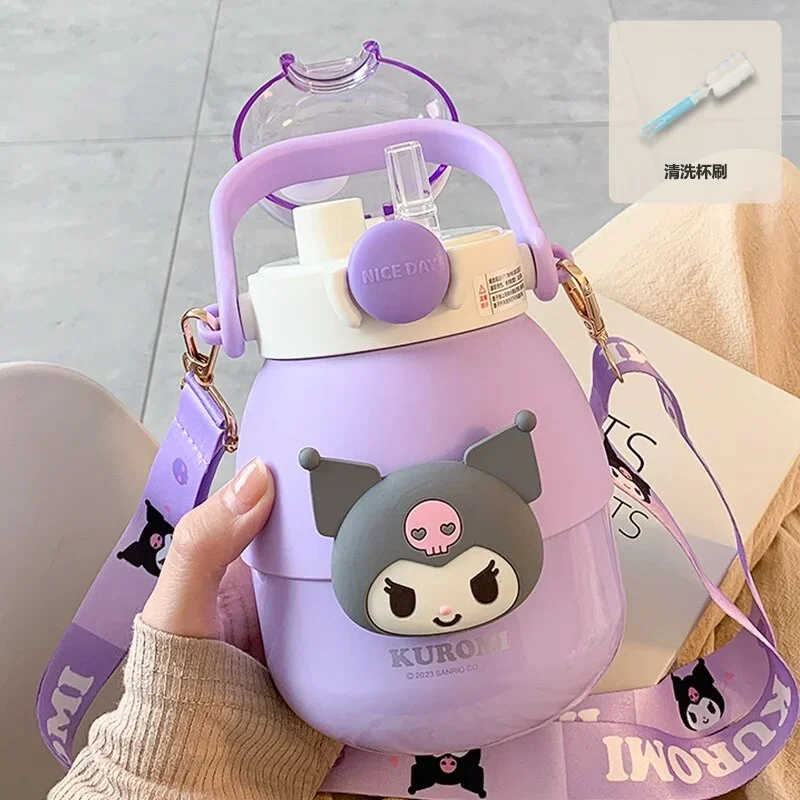 880Ml Sanrio Kuromi My Melody Water Bottle with Straw Kawaii Cartoon Large Capacity 316 Stainless Steel Thermos Mug Girls Gift