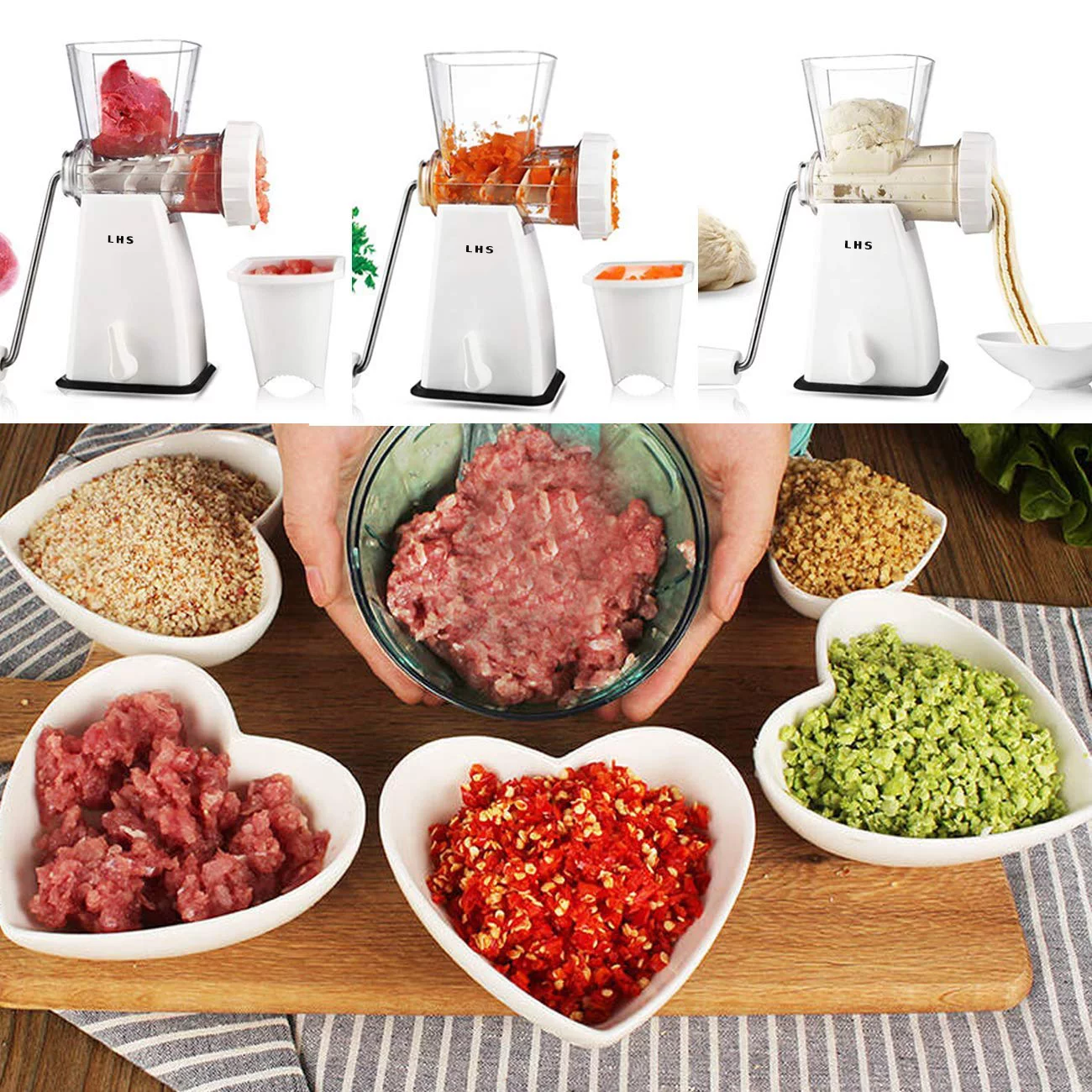LHS Hand Operated Meat Grinder Stainless Steel Blades, Manual Meat Grinder with Heavy Duty Powerful Suction Sausage Maker  for Beef Chicken Pepper Mushroom
