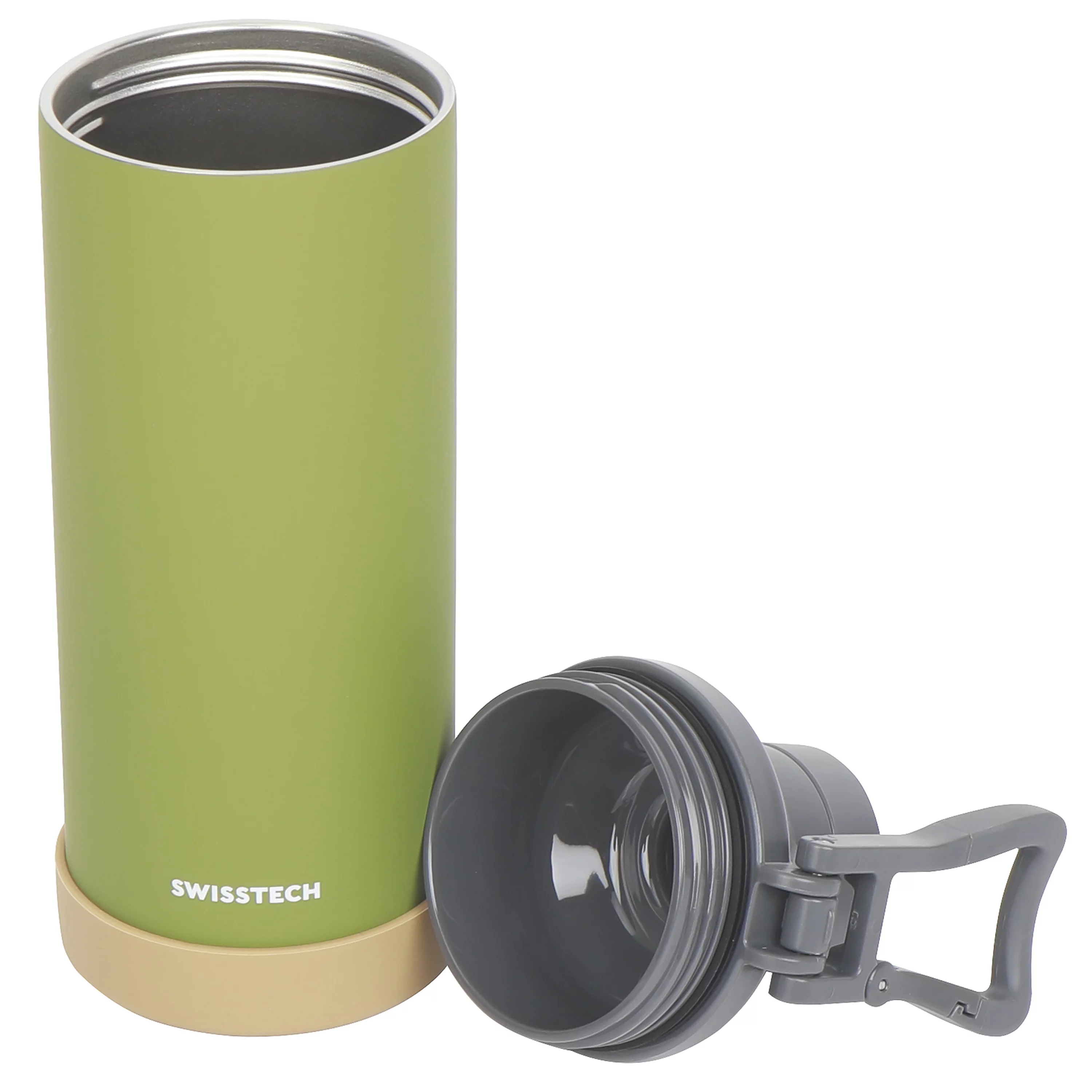 Swiss Tech Stainless Steel Insulated Water Bottle with Leakproof Chug Lid, Carabiner Clip Handle and Silicone Boot, 24oz, Soft Touch Green