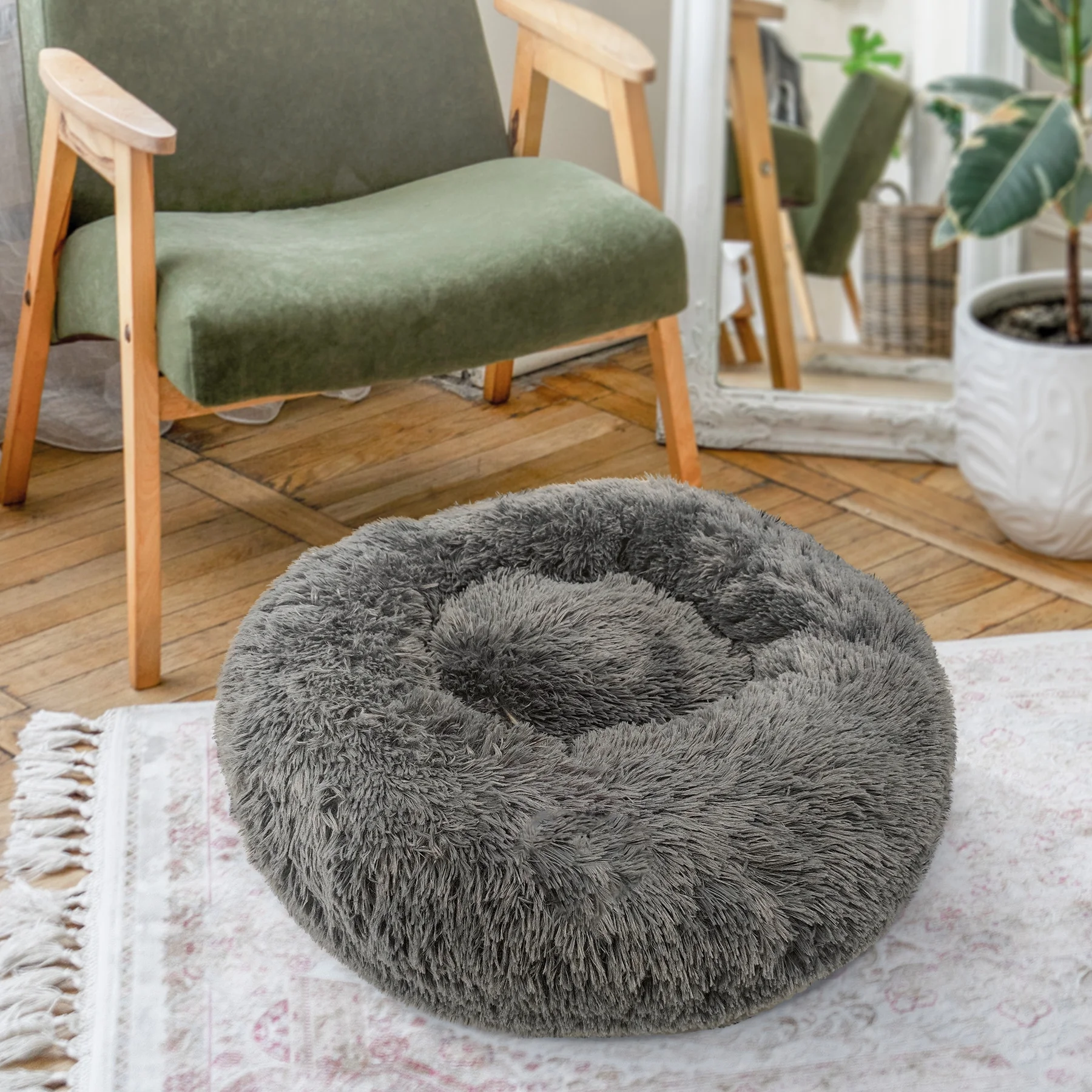 Deluxe Donut Pet Bed with Anti-Slip Waterproof Bottom and Raised Rim - Soothing Calming Cuddler Nest Dog Bed, Fluffy Faux Fur Round Cushion Cat Bed