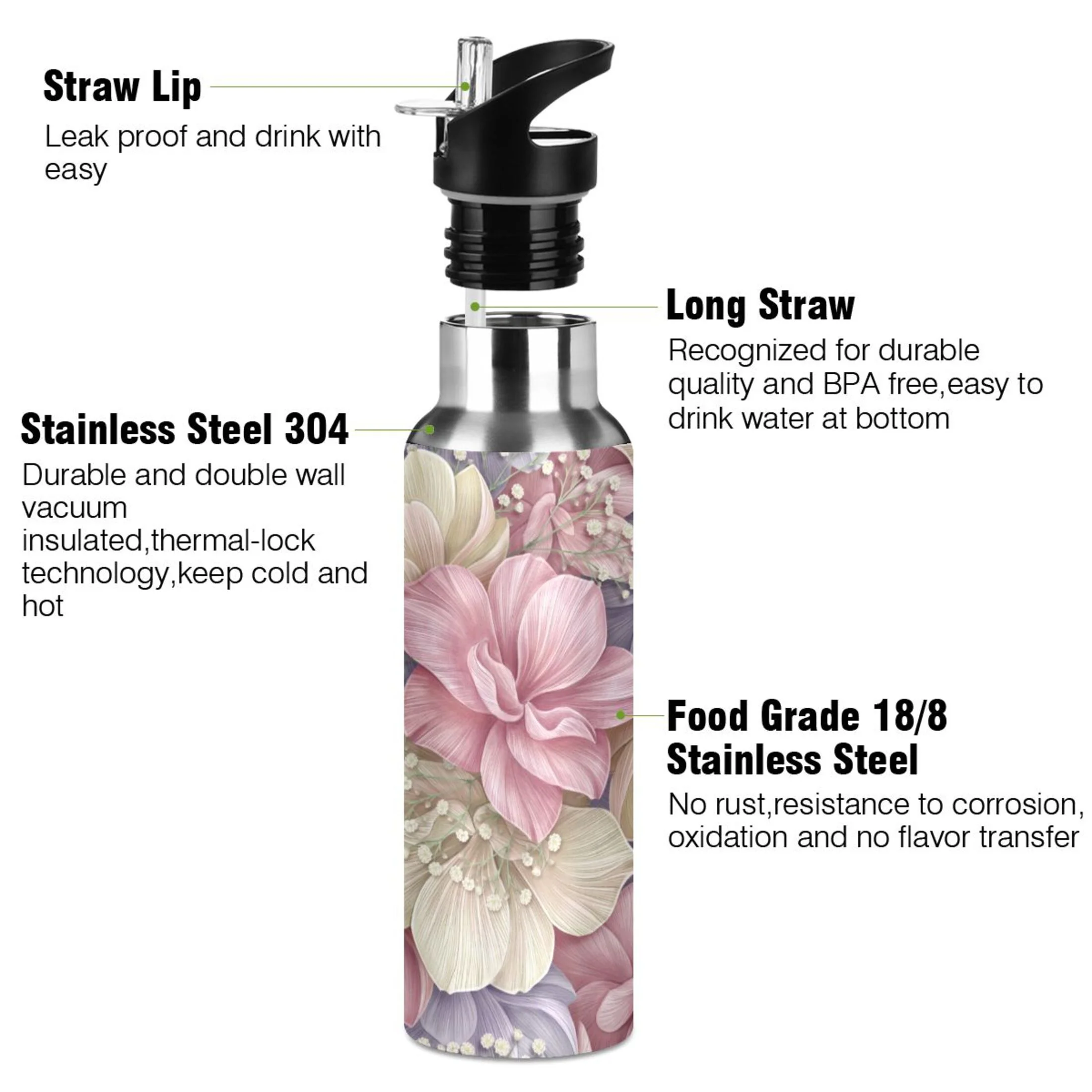 Water Bottle with Straw Lid Leak Flowers Pink and Beige Hydrangea Stainless Steel Insulated Thermos Vacuum Flask for Cold Hot Drinking for Sports Camping Gym Yoga