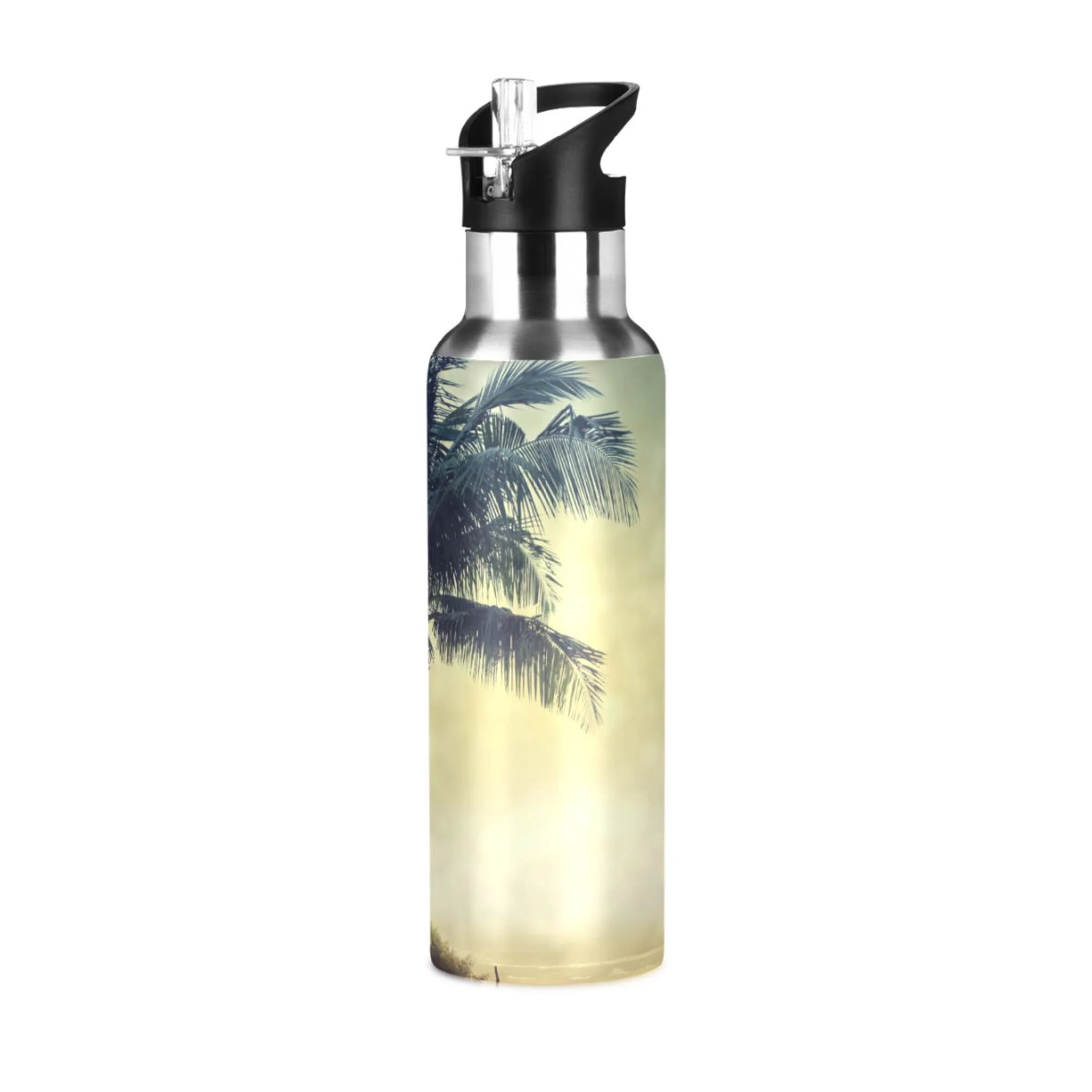 Retro Palm Tree Landscape Water Bottles Insulated Thermos Kids Stainless Steel Bottle with Straw Lid Flask Leakproof for Sports Gym 20 oz