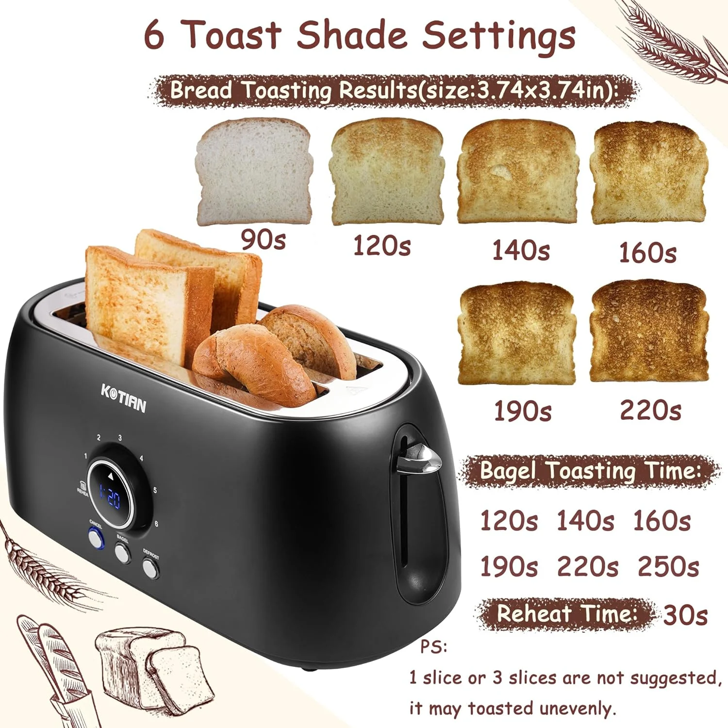 4 Slice, Retro Long Slot Toasters with Countdown Timer,Stainless Steel Toaster,Bagel,Defrost,Reheat,Cancel Functions,Extra Wide Slots,6 Toast Settings,Removable Crumbs Tray,Matte black