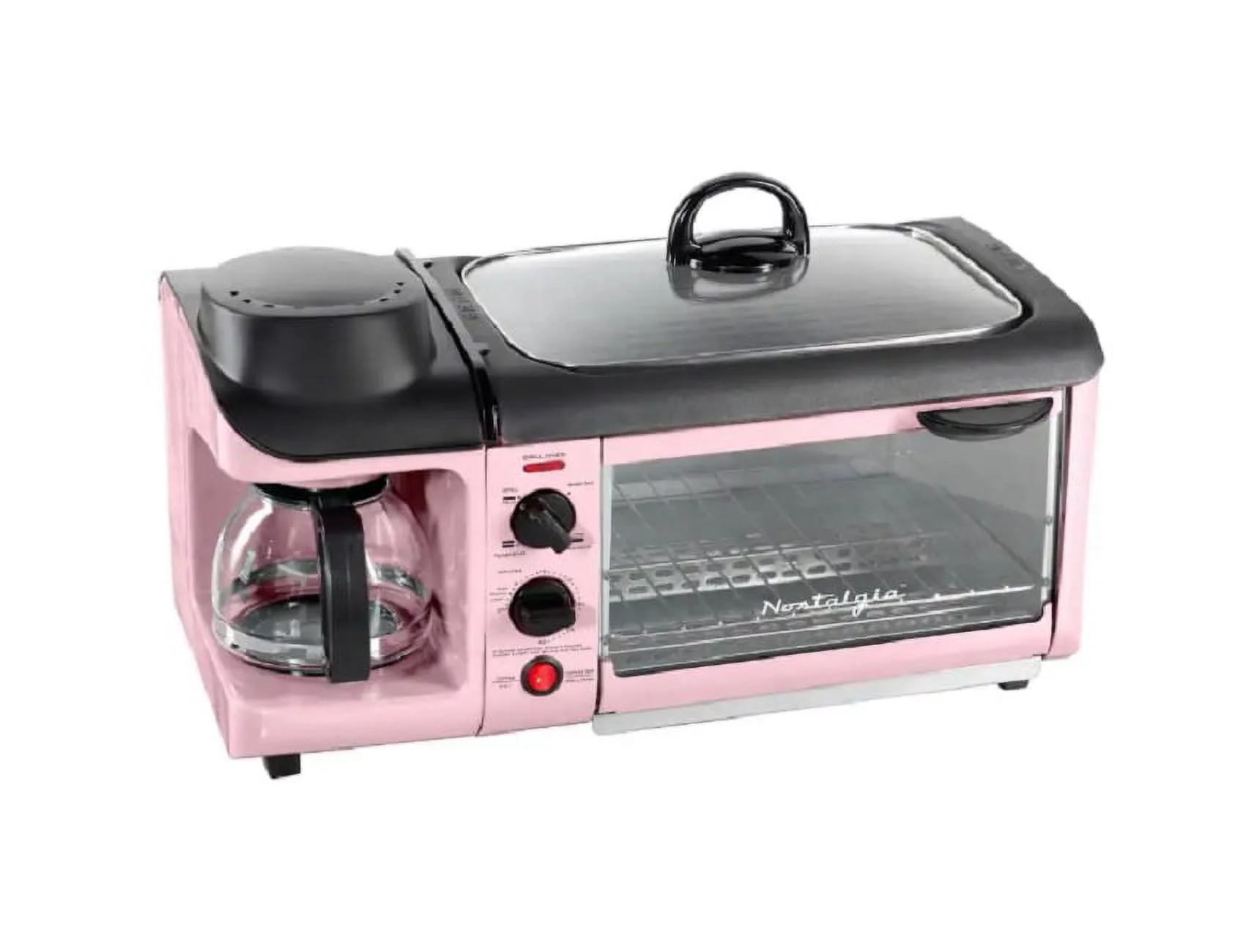 Nostalgia BST3PK Pink Electric Multi-Cooker with Toaster, Coffee Maker and Griddle