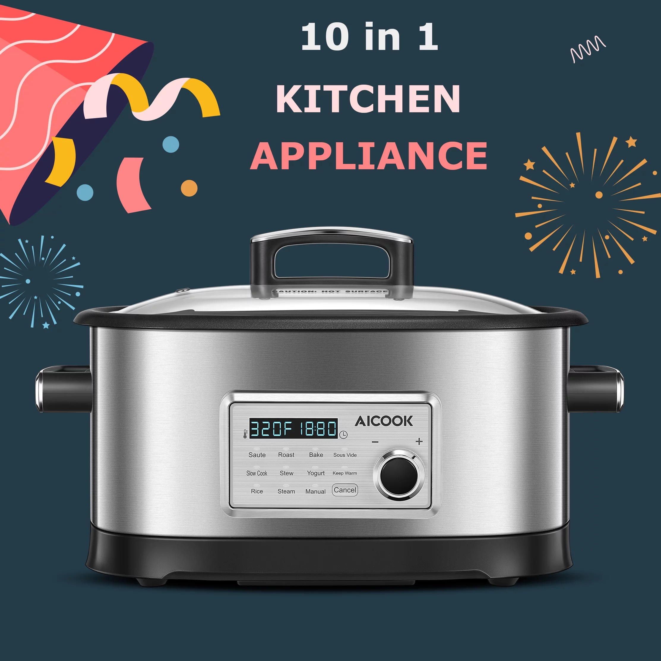 AICOOK Slow Cooker, 6Qt 10 in 1 Preset Multifunctional Cooker, Steamer, Yogurt Maker