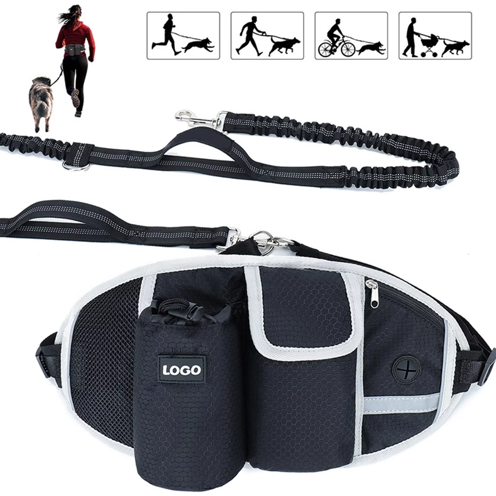 Hands Leash with Multi Pouches, Strong Shock Absorbing Dog Leash with Reflective Stitches, Dog Waist Belt Leash for Running Walking , Black