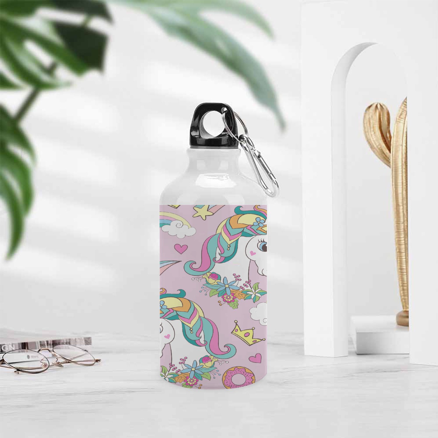 GZHJMY Sports Water Bottles, Pink Castle Unicorn and Rainbow Large Capacity Aluminium Portable Leakproof Lightweight Drink Bottles for Fitness and Outdoor Enthusiasts