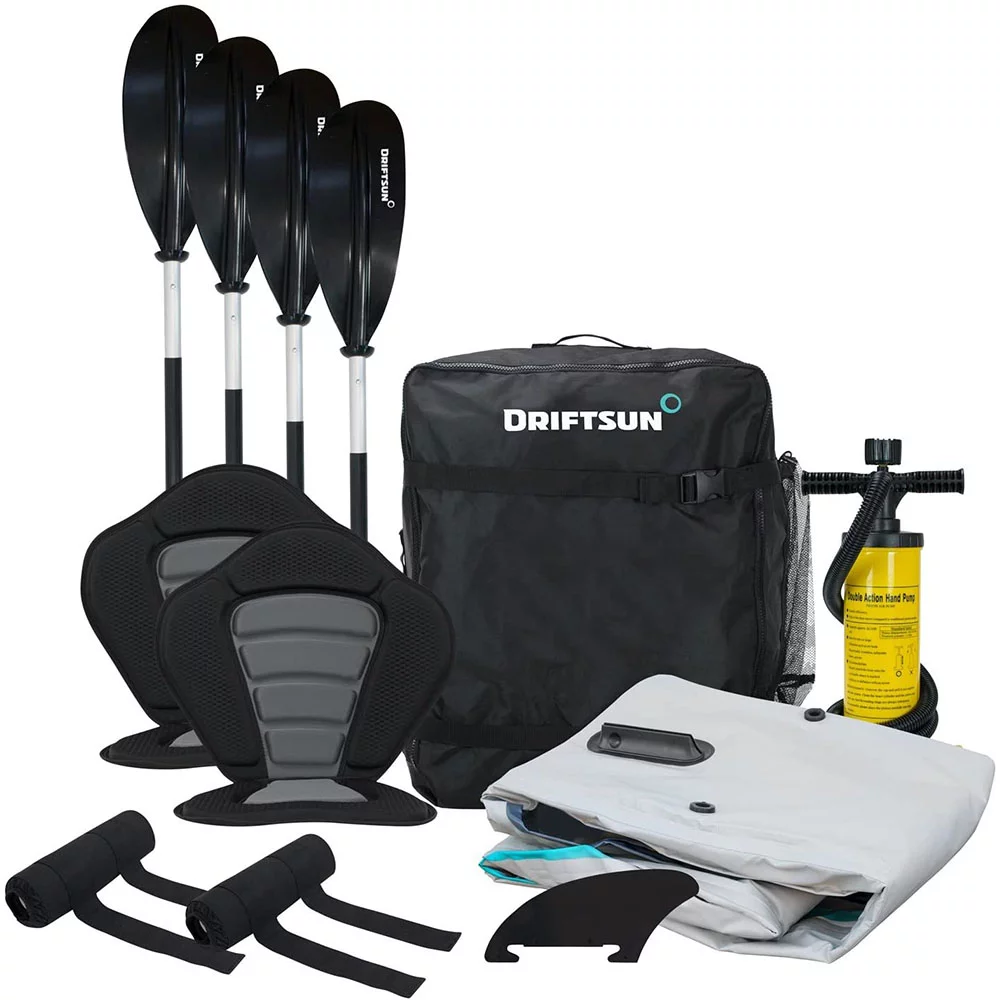 Driftsun Rover 220 Inflatable Tandem Kayak – 2 Person White Water Performance Kayak with High Pressure Floor, EVA Padded Seats with High Back Support, Aluminum Paddles, Pump and More