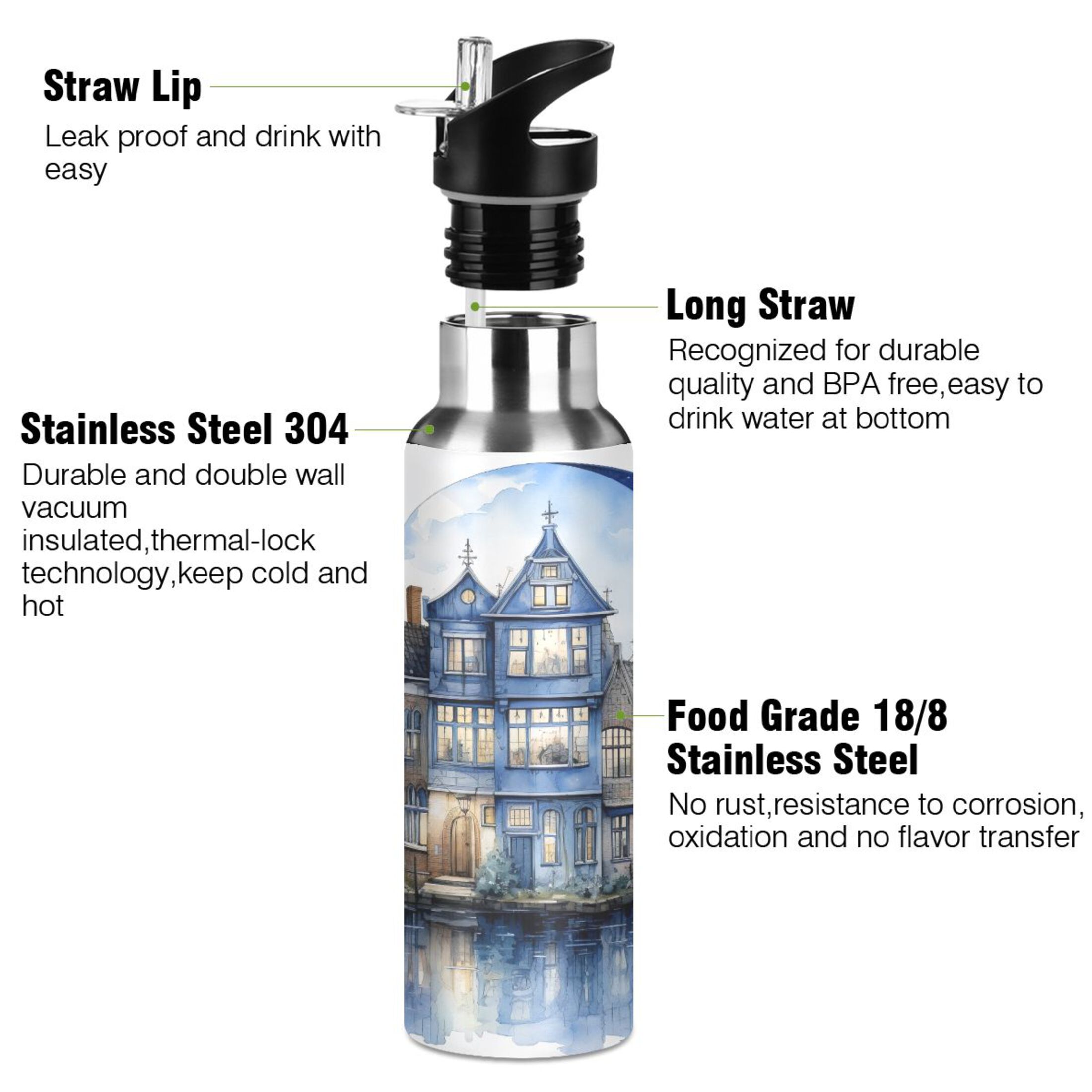 Water Bottle with Straw Lid Leak House on Blue Stainless Steel Insulated Thermos Vacuum Flask for Cold Hot Drinking for Sports Camping Gym Yoga