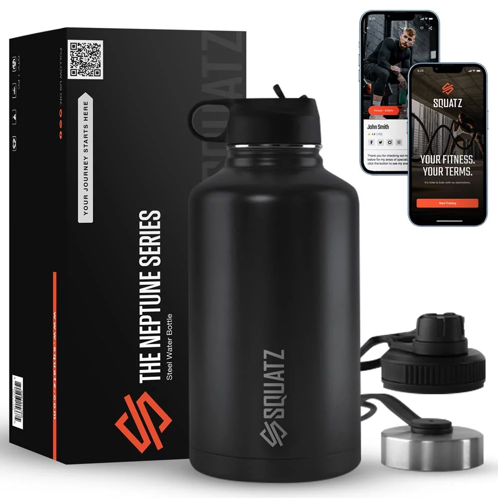 Squatz 64 Oz Neptune Series Steel Water Bottle, Stainless Double Wall Vacuum Insulated Flask