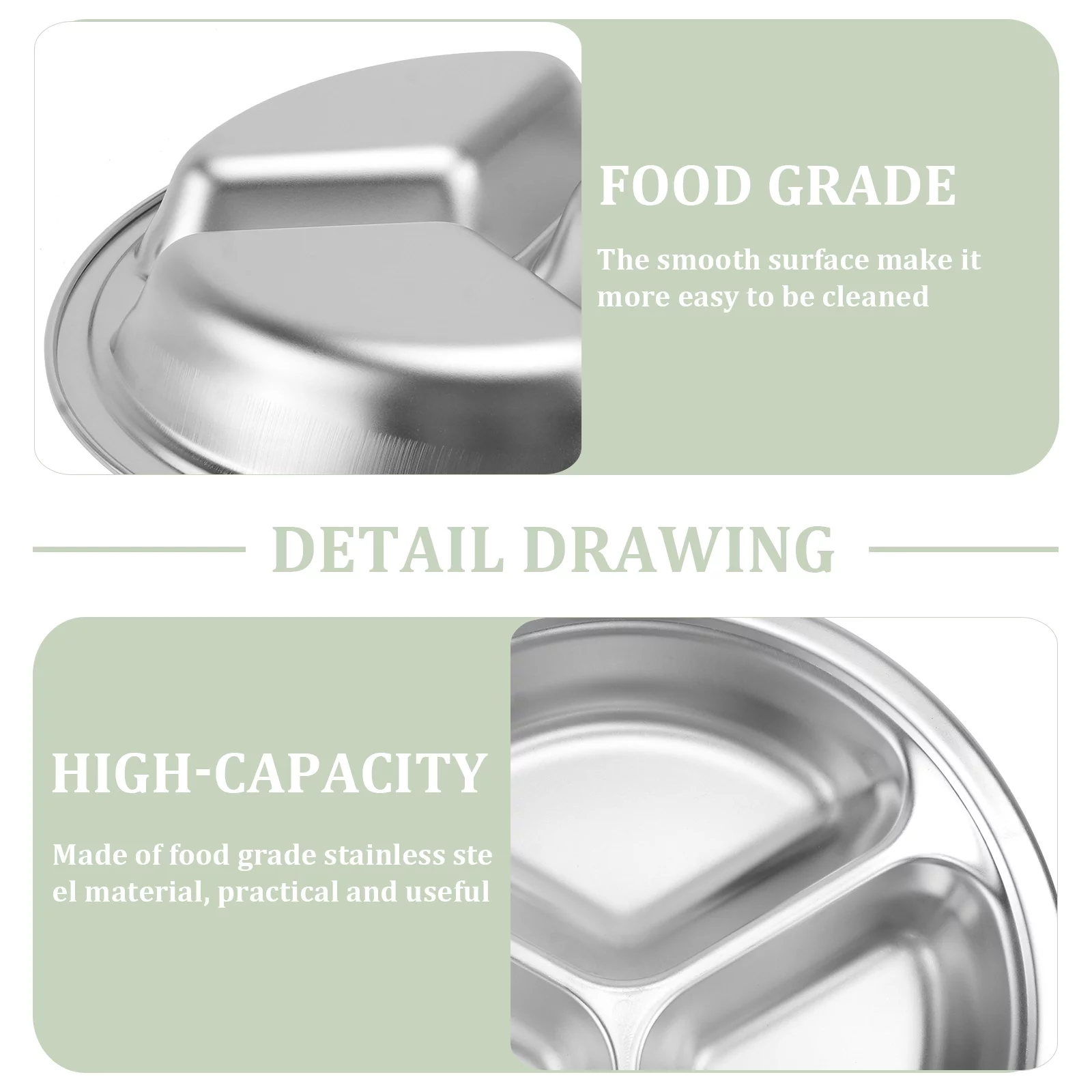 3Pcs Round Stainless Steel Dinner Tray Separation Plates Fast Food Plate Rice Dishes Silver (20cm, 3 Grids)