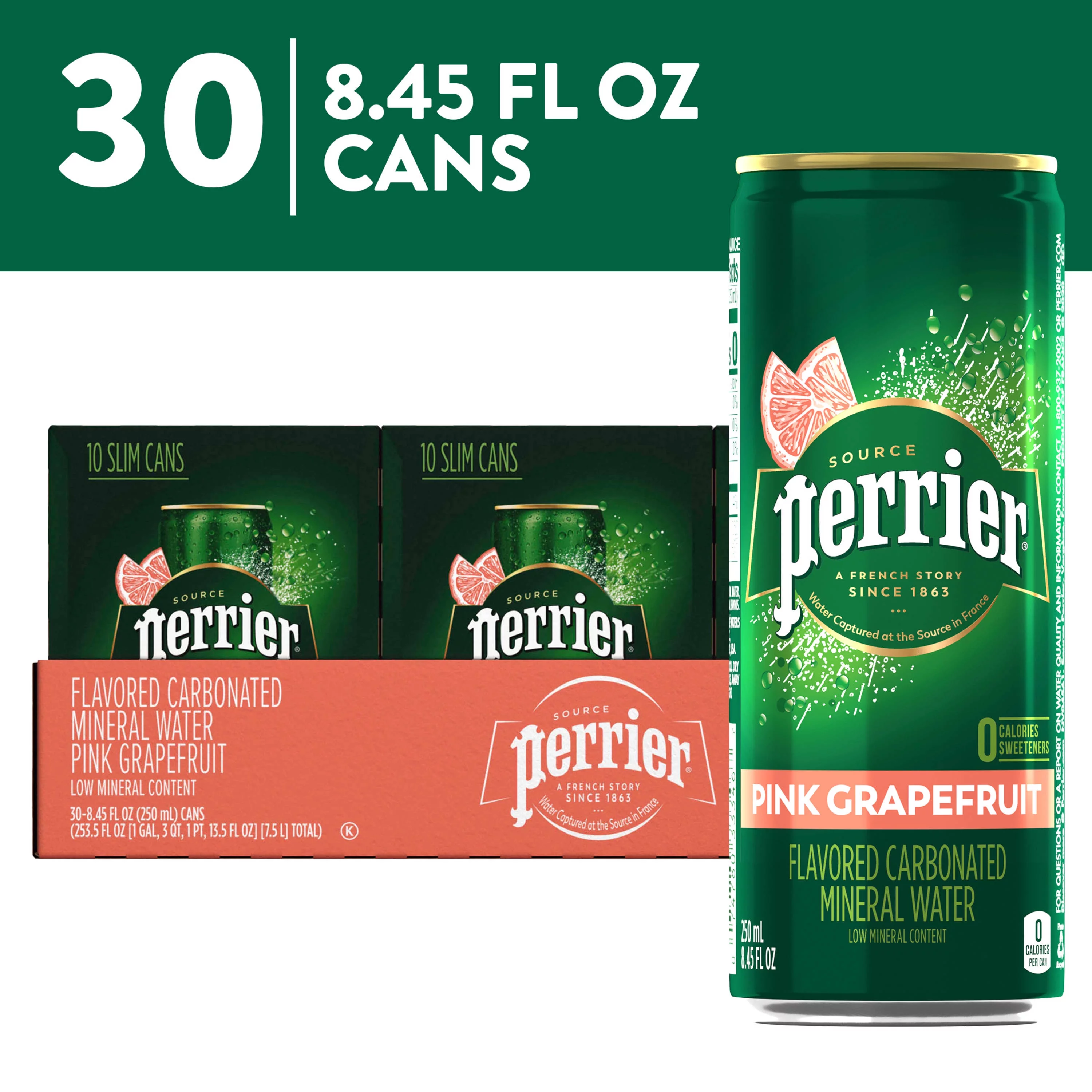 Perrier Pink Grapefruit Flavored Sparkling Water,  253.5 fl oz, 30 Pack Cans