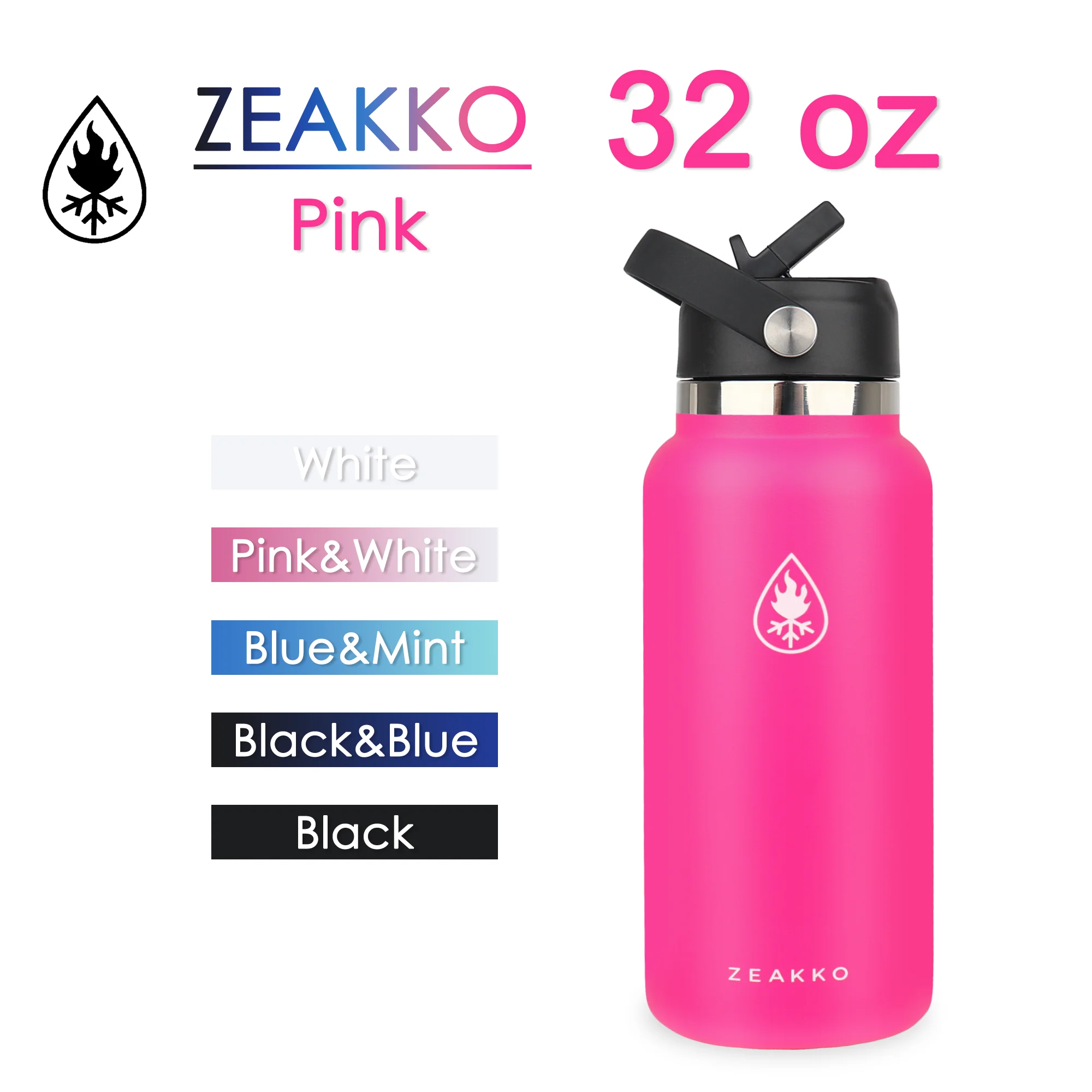 Zeakko Stainless Steel Water Bottle, 32oz Vacuum Insulated Water Bottle BPA-free Double Wall Wide Mouth Leakproof Water Flask with Straw Lids & Protective Silicone Boot