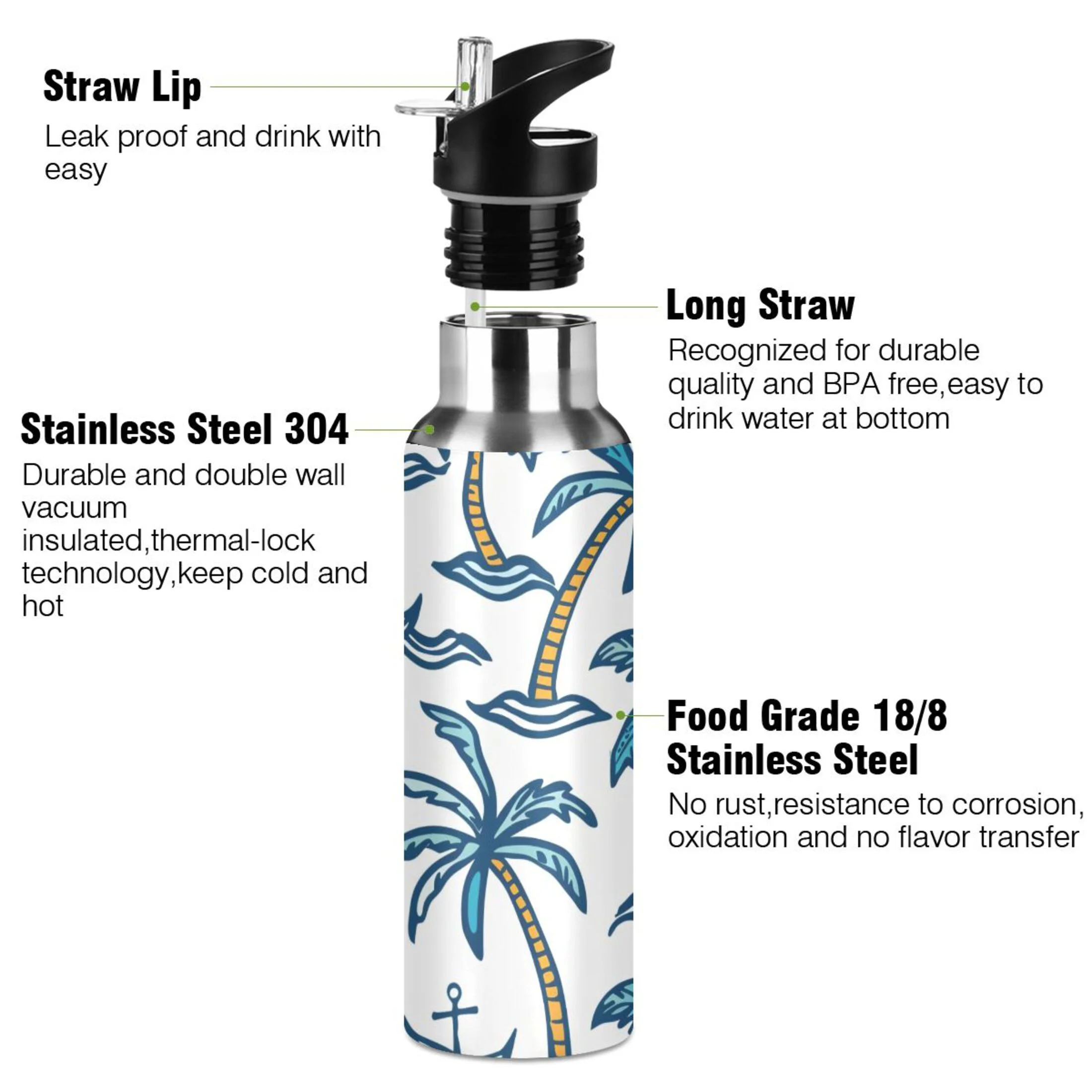 Palm Trees and Spear Water Bottles Insulated Thermos Kids Stainless Steel Bottle with Straw Lid Flask Leakproof for Sports Gym 20 oz