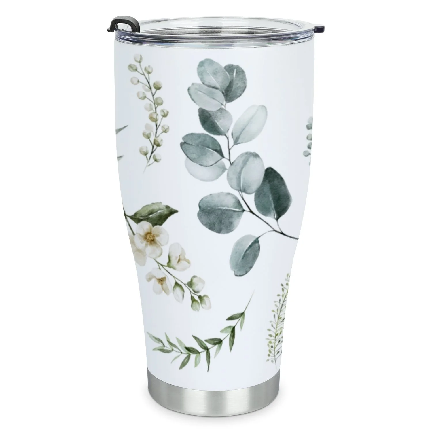 Hidove Stainless Steel Tumbler, White Flowers, Green Leaves 30oz Leak Proof & Stainless Steel Bottle for Hot & Cold Drinks - Coffee Travel Mug, Water Metal Canteen, Thermal Cup