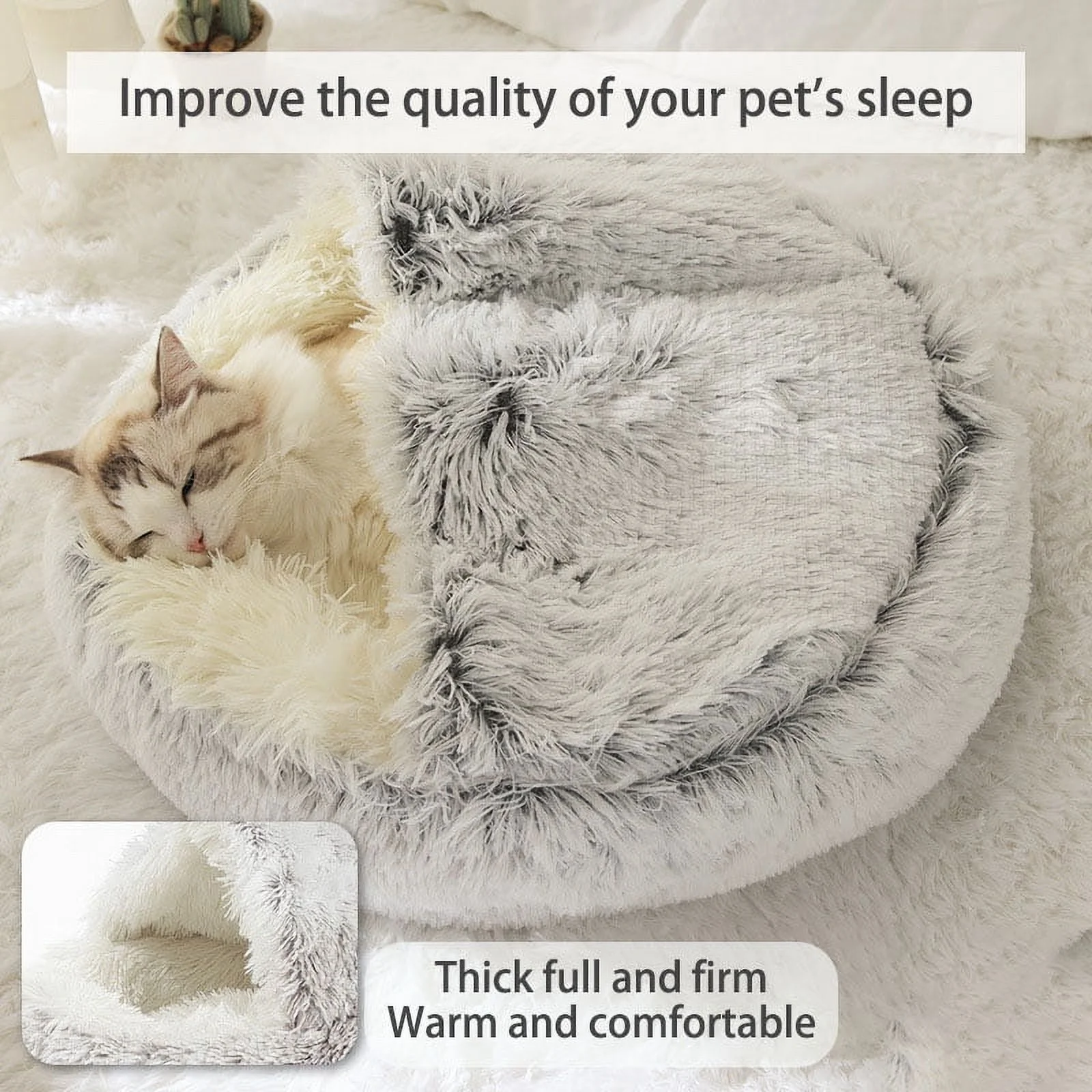 Petimi Cat Bed, Round Cat Bed with Cover, Fluffy Long Plush Cat Bed for Cats and Small Dogs, 25.6''