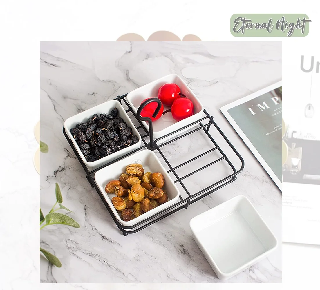 Appetizer Bowls with Rack, 4 Small Ceramic Serving Dish for Nuts, Dips, 6 Oz Condiment Dish Snack Bowl Set, Square Dipping Sauce Dish with Stand for Side Dish, Candy, Dessert