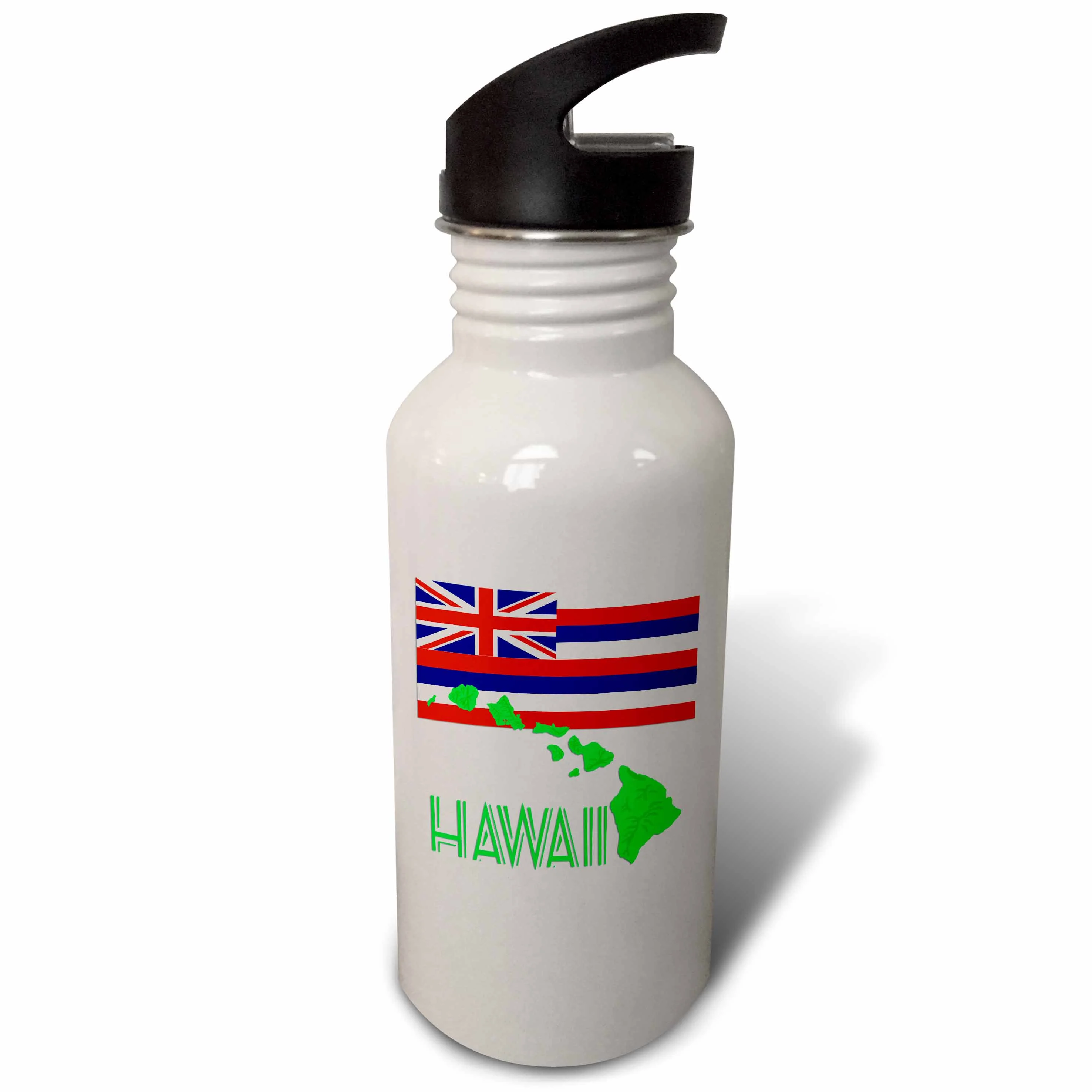 The flag of the state of Hawaii with a green map of the islands. Flip Straw 21oz Water Bottle wb-295568-2
