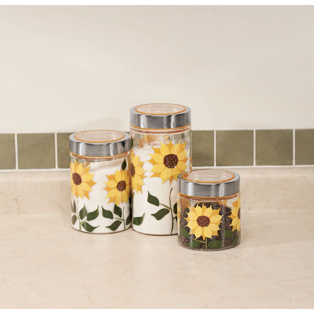 Walter Drake Sunflower Canisters, Set of 3 in Different Sizes, Clear Glass with Painted Design & Metal Lids