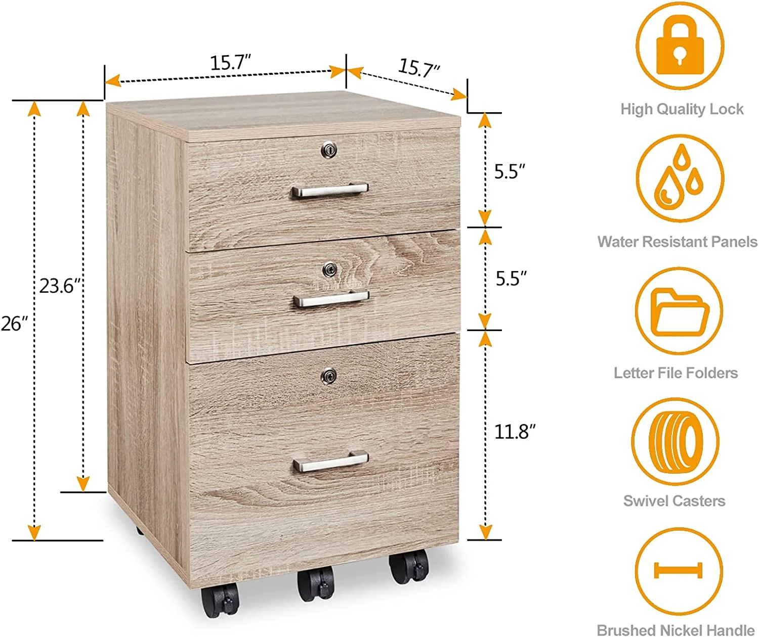 VINGLI 3 Drawer File Cabinet with Lock, Rolling File Cabinet Under Desk, 15.7” W x 15.7” D x 26” H