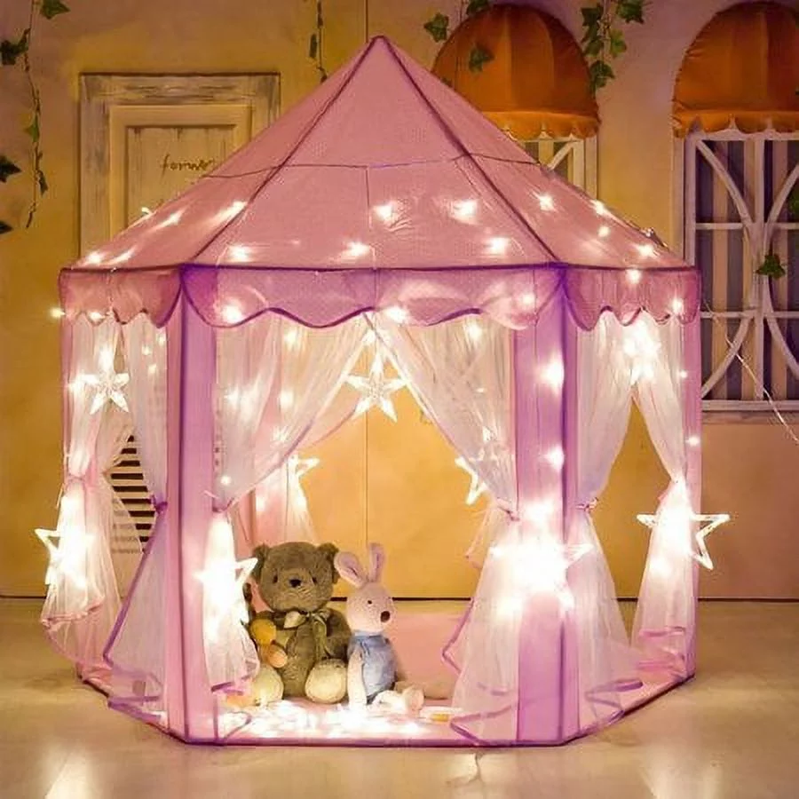 Tents for Kids, WQ133PKPC Princess Castle Play House for Girls, Pink Outdoor Indoor Portable Kids Children Play Tent for Boys Child Birthday Gift (Including Led Lights)