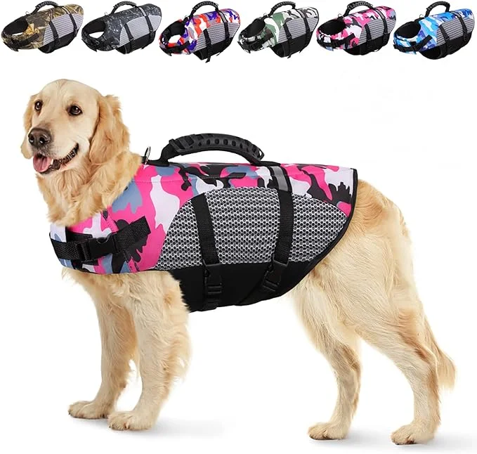 KOESON Dog Life Jacket, Camo Ripstop Dog Life Vest for Swimming, Reflective Pet Safety lifejacket for Dogs with Rescue Handle, Dog Life Preserver Swimsuit for Small Medium Large Dogs (Pink, XS)
