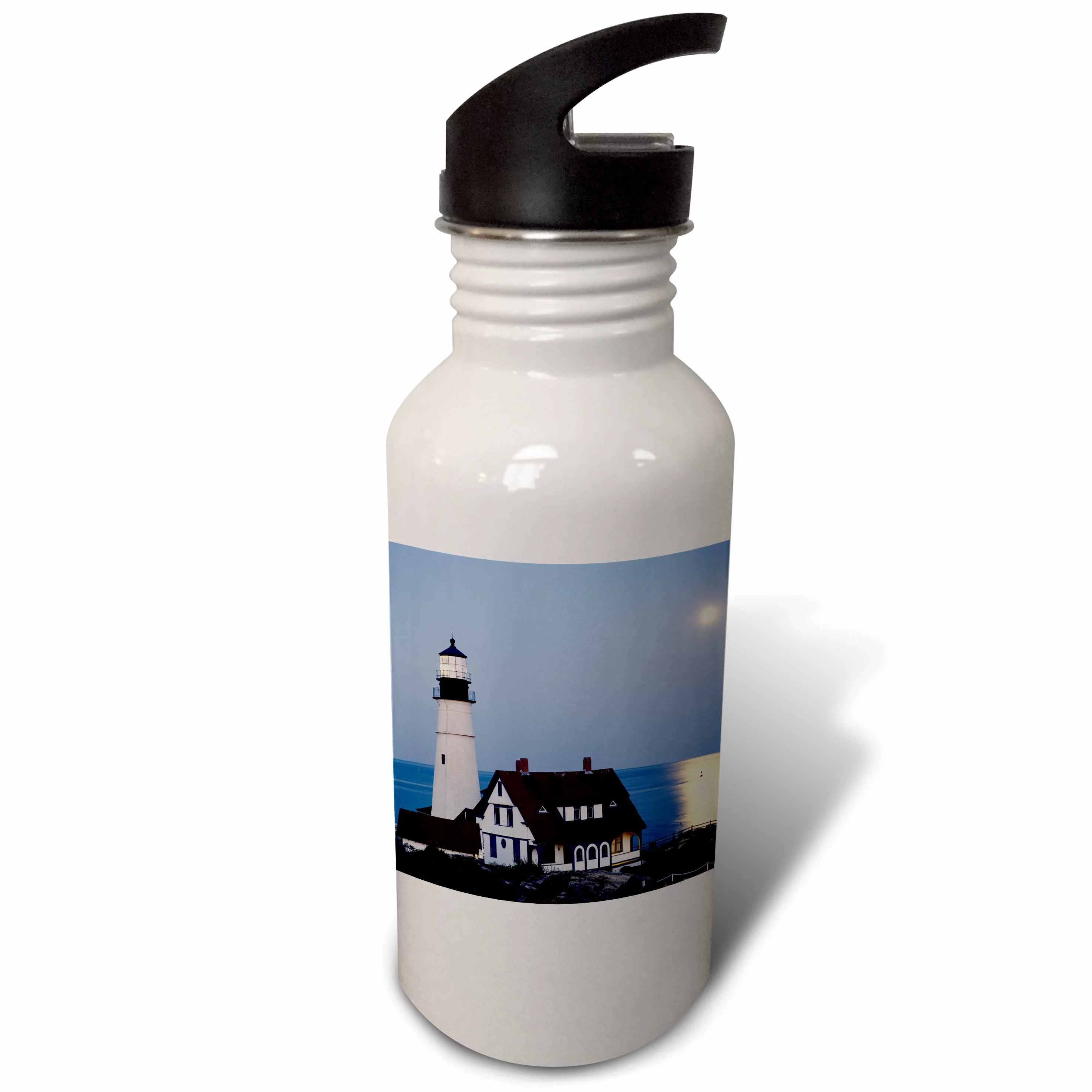 USA, Maine, Portland, Cape Elizabeth, Lighthouse with full moon. 21 oz Sports Water Bottle wb-192160-1