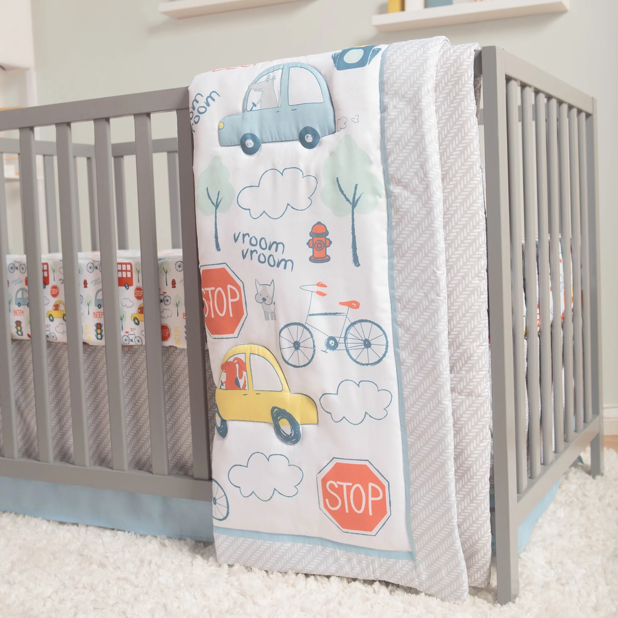 Sammy & Lou Beep Beep Transportation 4 Piece Crib Bedding Set, Multicolor, Unisex.