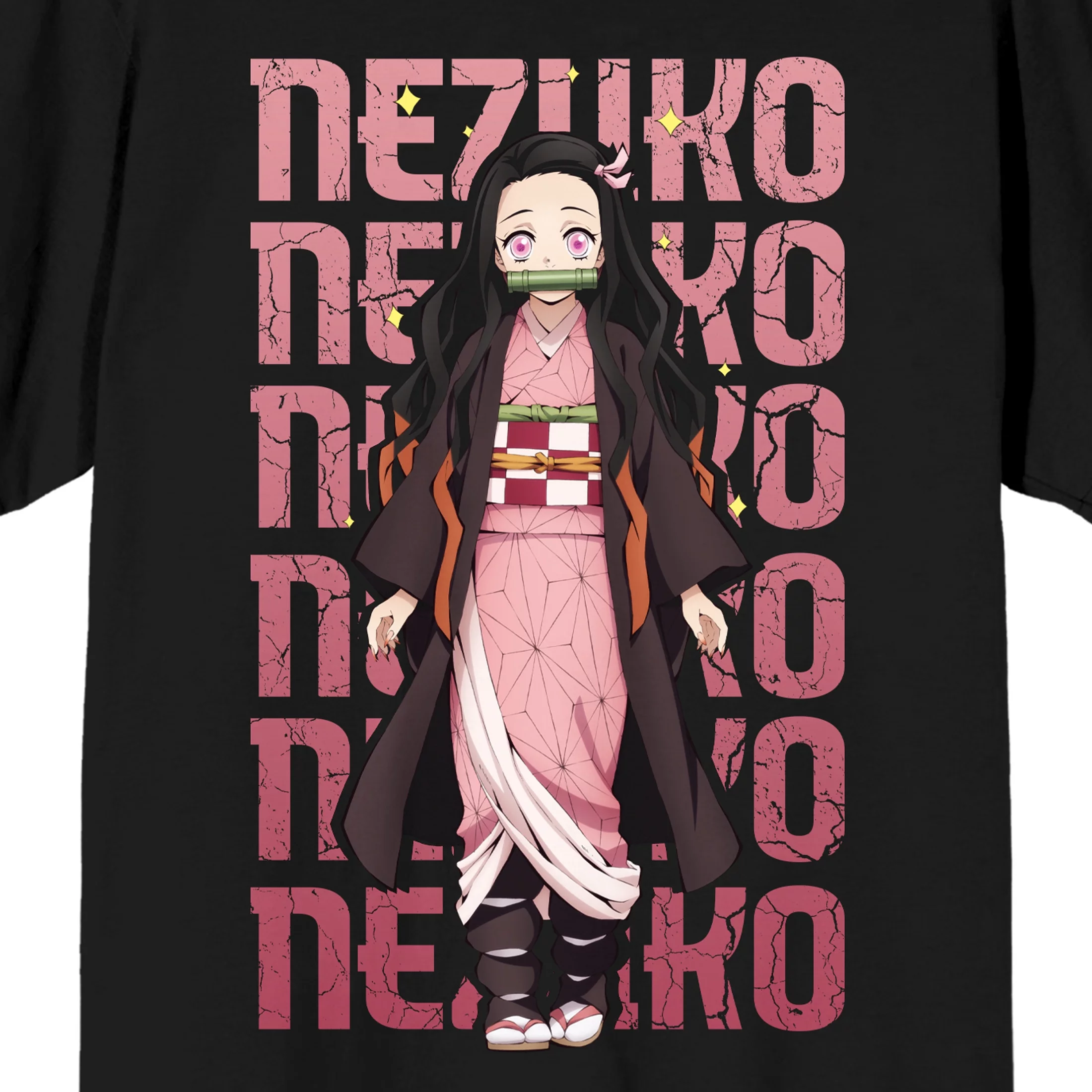 Demon Slayer Nezuko Repeat Text Crew Neck Short Sleeve Black Men's T-shirt-XXL