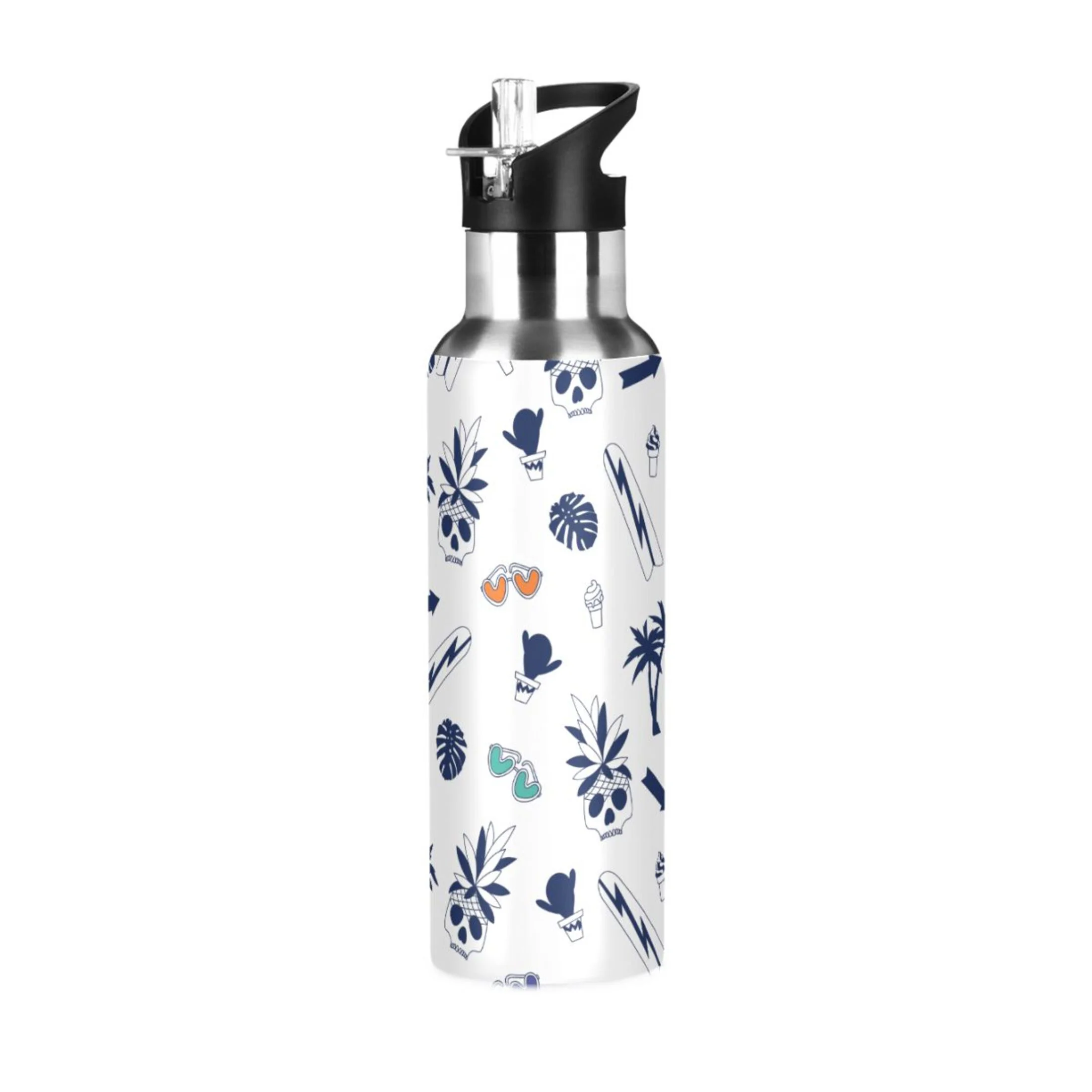 Palm Tree Surfboard Skull Water Bottles Insulated Thermos Kids Stainless Steel Bottle with Straw Lid Flask Leakproof for Sports Gym 20 oz