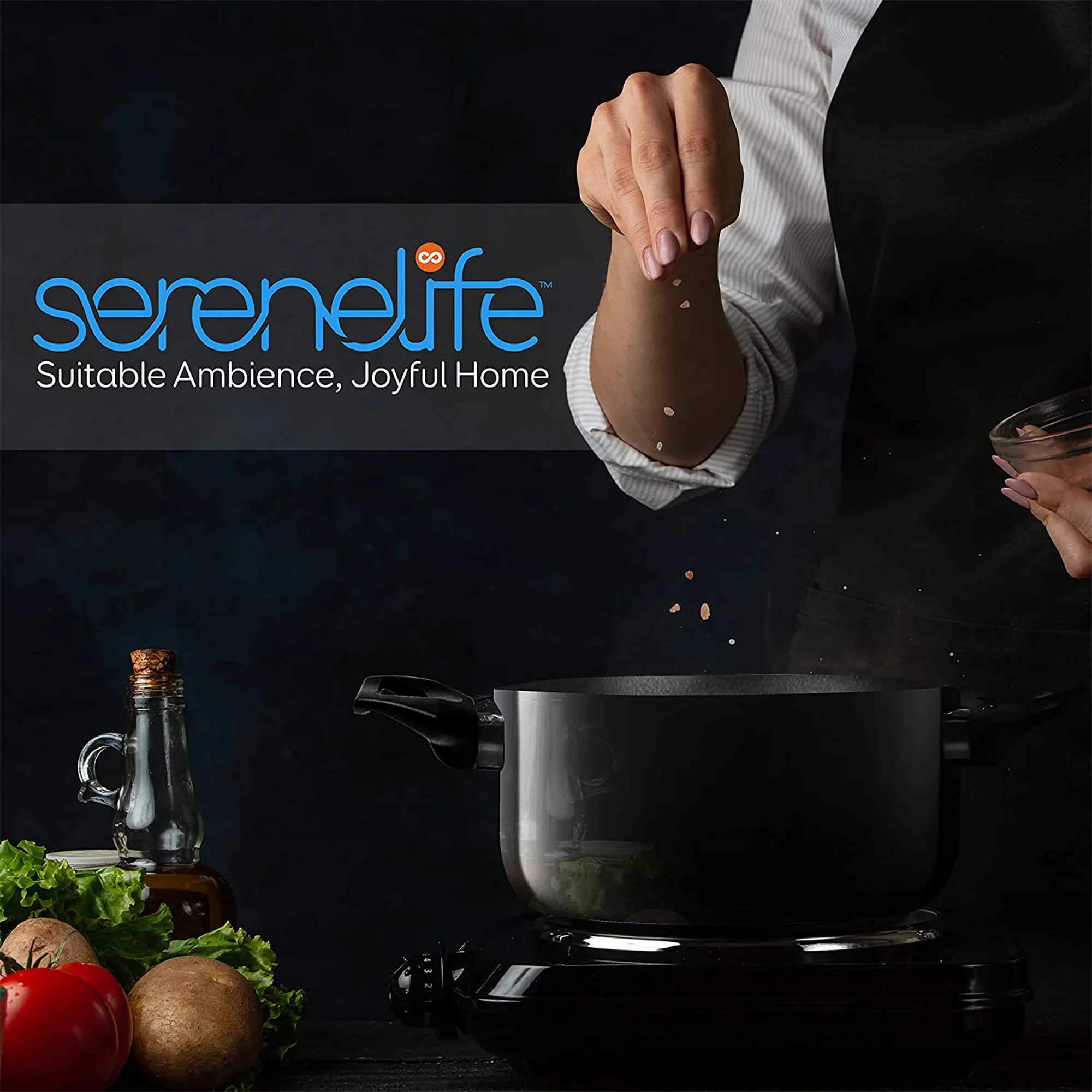 SereneLife 11 Piece Non Stick Pots, Pans, and Utensil Cookware Set, Black