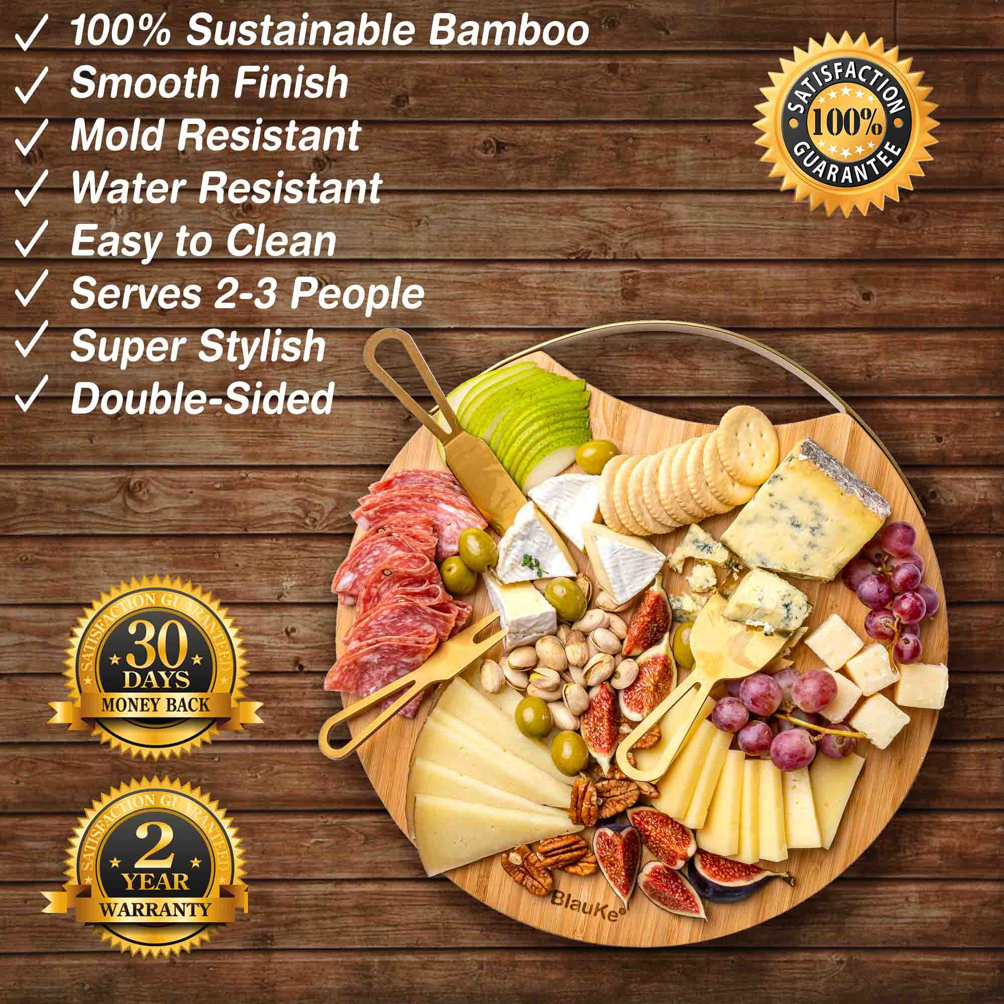 BlauKe® Bamboo Cheese Board and Knife Set – 13 inch Round Charcuterie Board, Serving Tray Platter with Magnetic Cheese Knives – Wood Cheese Board Set