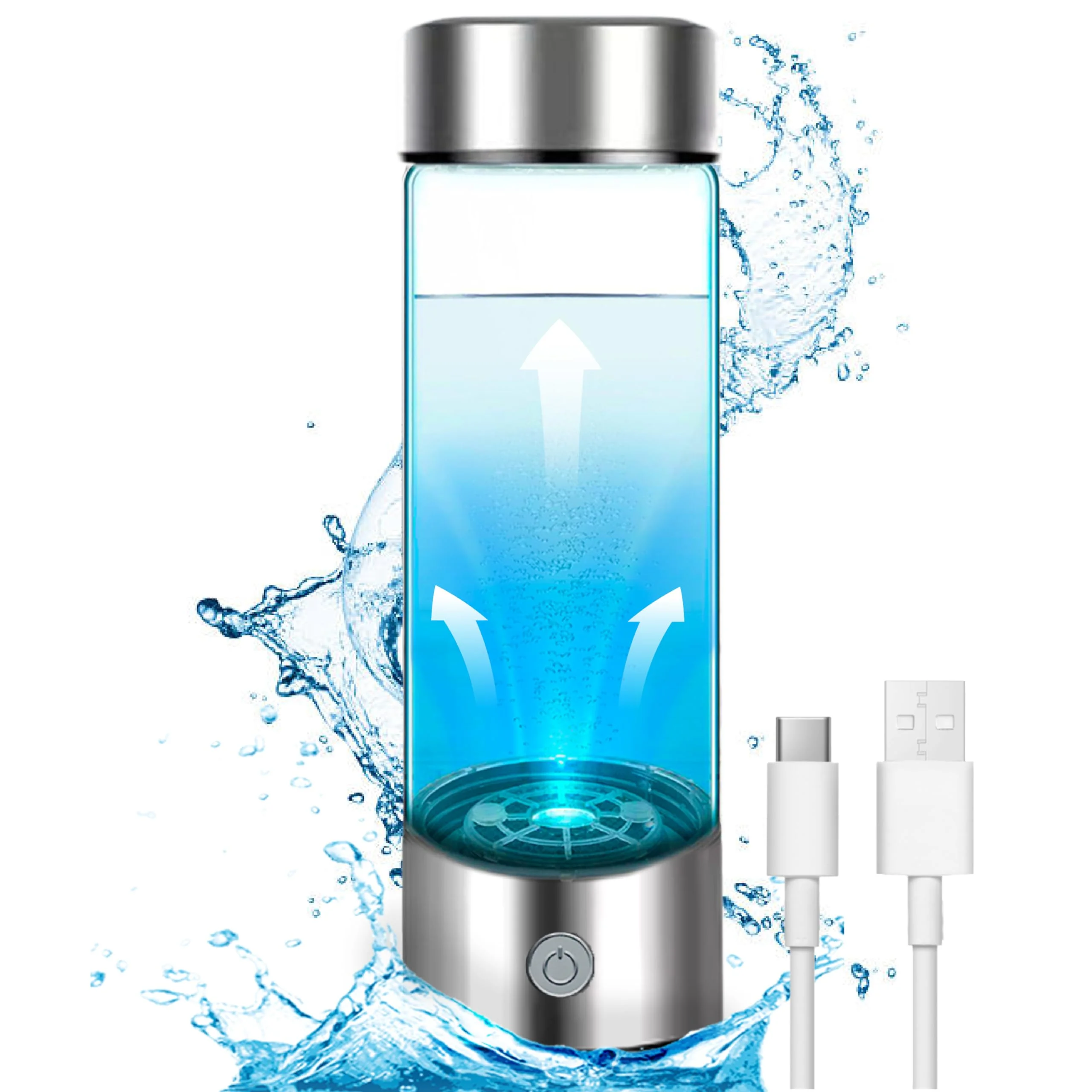 Hydrogen Water Bottle - Portable and Rechargeable Hydrogen Generator for Rich Pure Water up to 1200ppb 14.2 oz - Ionizer & Purifier for Health Plus PEM SPE Technology with Type C Port（silver）