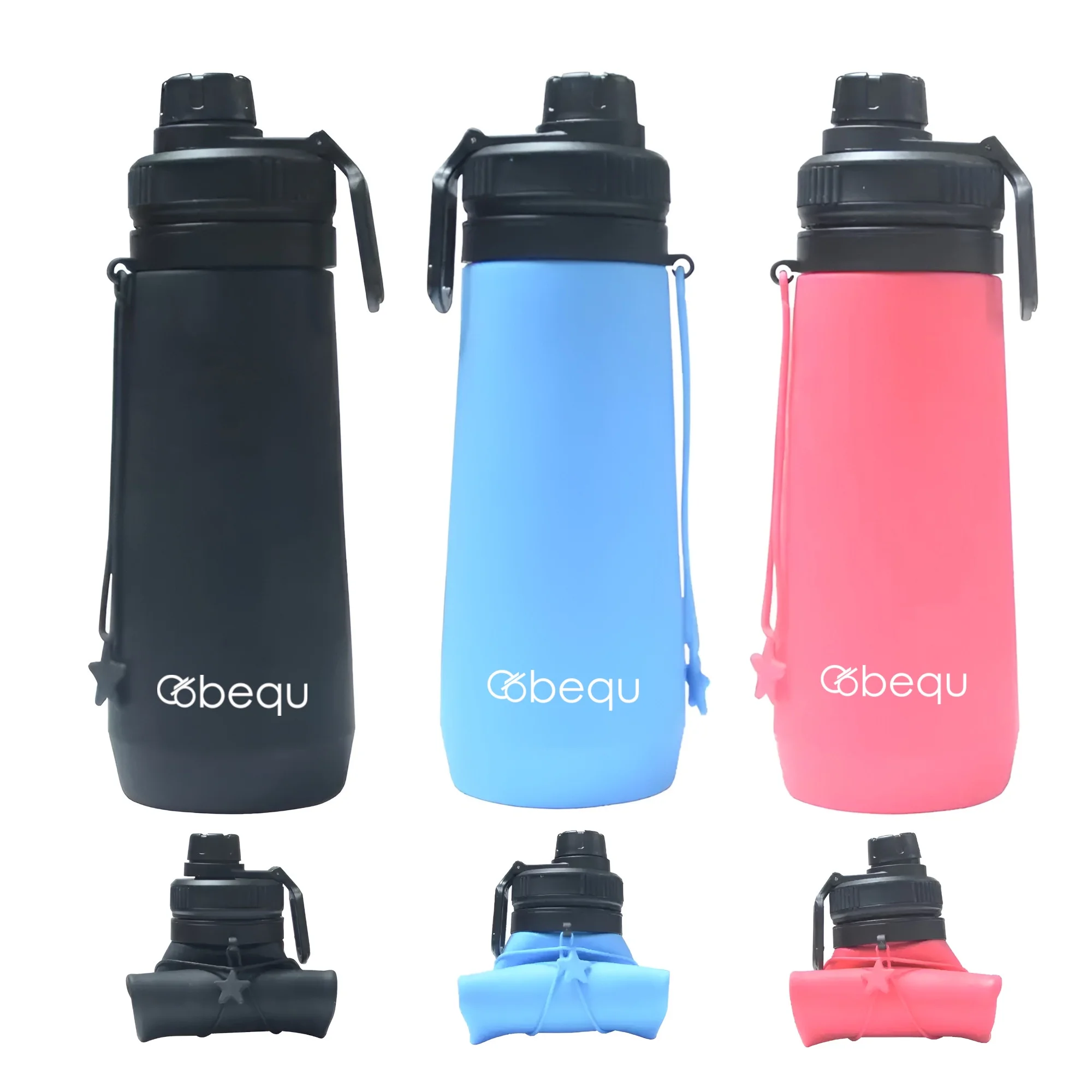 BEQU 750ml/25 Fl Oz Foldable Silicone Water Bottle, Reusable, BPA Free, Dishwasher-Safe, Sports bottle for Travel Gym Camping Hiking, Portable, Leak Proof (3PK MC1)