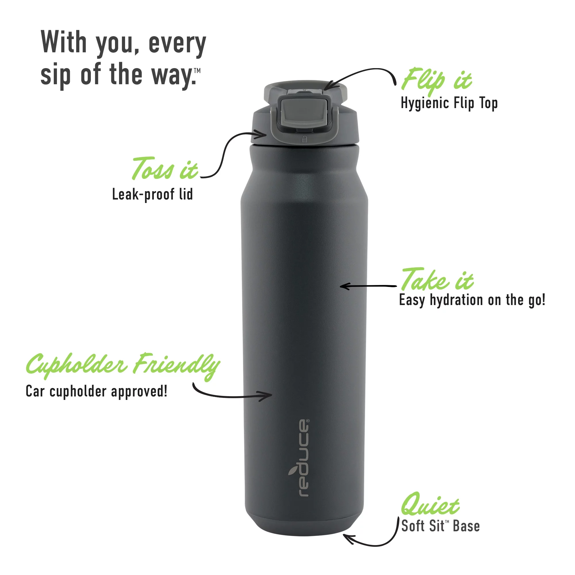 Reduce Vacuum Insulated Stainless Steel Hydrate Pro Water Bottle with Leak-Proof Lid, Smoke, 32 oz