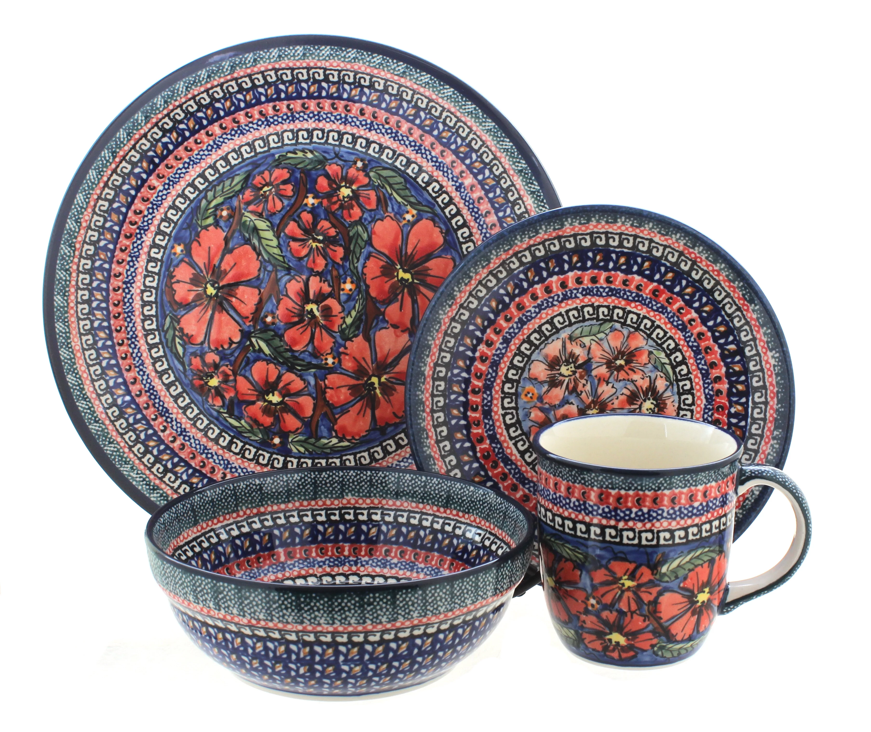 Blue Rose Polish Pottery Jungle Flower 4 Piece Place Setting - Service for 1