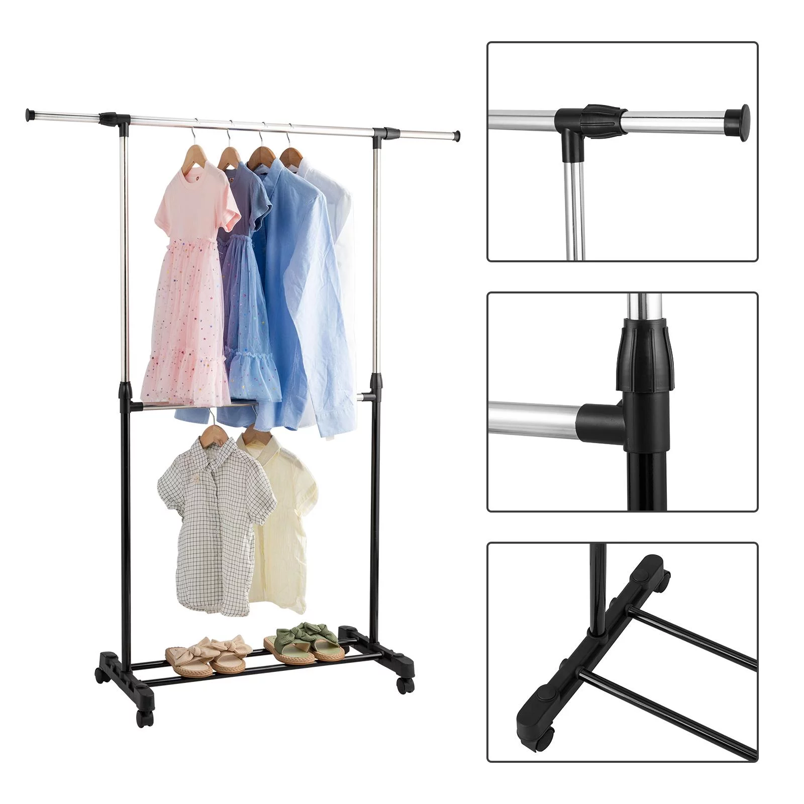 Ktaxon  Adjustable Rolling Clothes Rack Single Rail Hanging Garment Bar Heavy Hanger