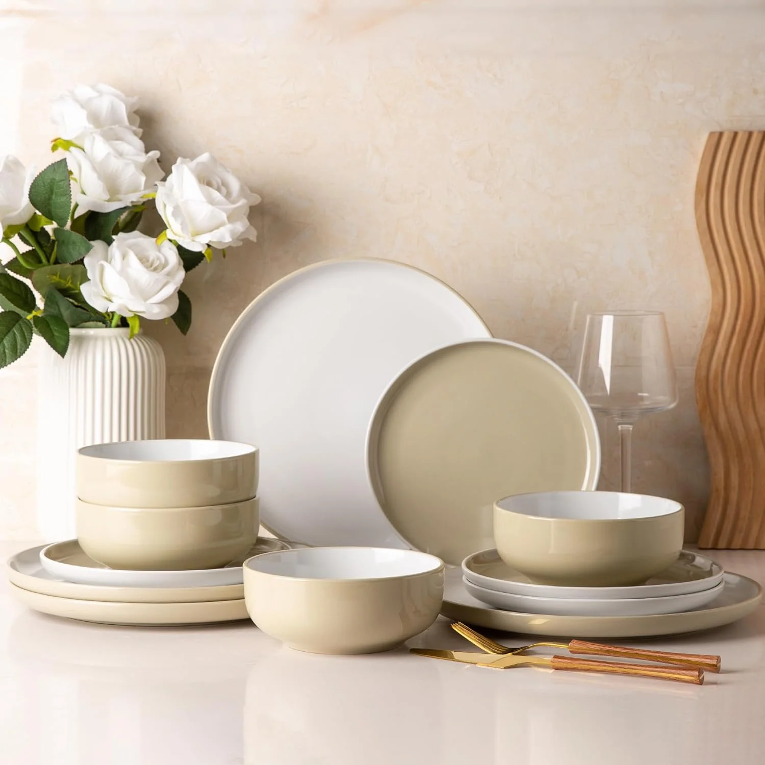 Ceramic Dinnerware Sets,Double Color Glaze Plates and Bowls Set,Highly Chip and Crack Resistant | Dishwasher & Microwave Safe | Round Dishes Set Service for 4 (12pc)