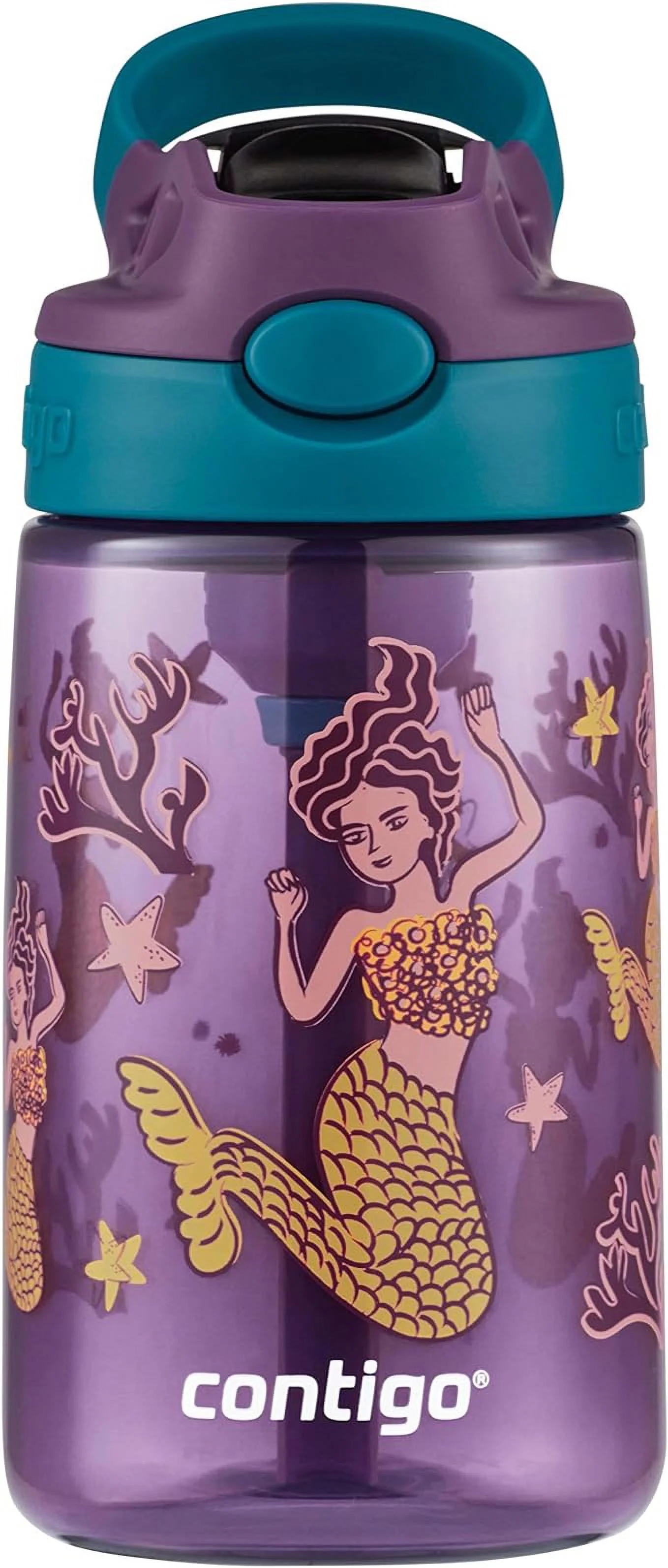 Contigo Aubrey Kids Cleanable Water Bottle with Silicone Straw and Spill-Proof Lid, Dishwasher Safe, 14oz, Purple Mermaid