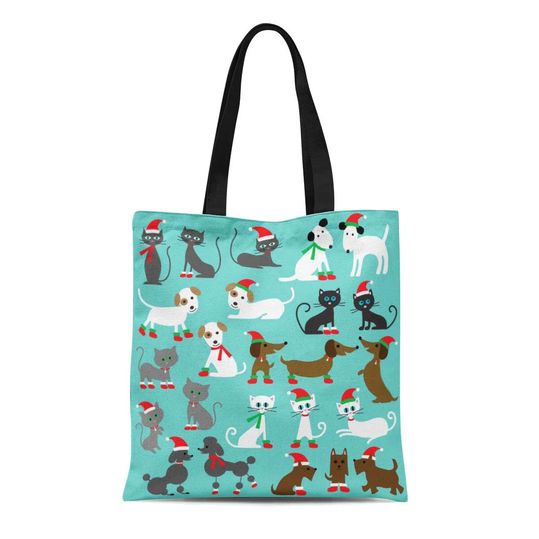 ASHLEIGH Canvas Tote Bag Brown Hat Christmas Cats and Dogs Scottie Dachshund Kitten Reusable Shoulder Grocery Shopping Bags Handbag