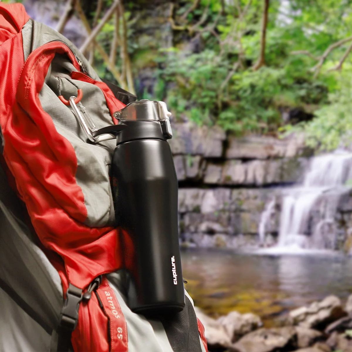 Cupture Action Bottle Flip Top with Handle - 22oz Double Wall Vacuum-Insulated Stainless Steel Water Bottle (Black)