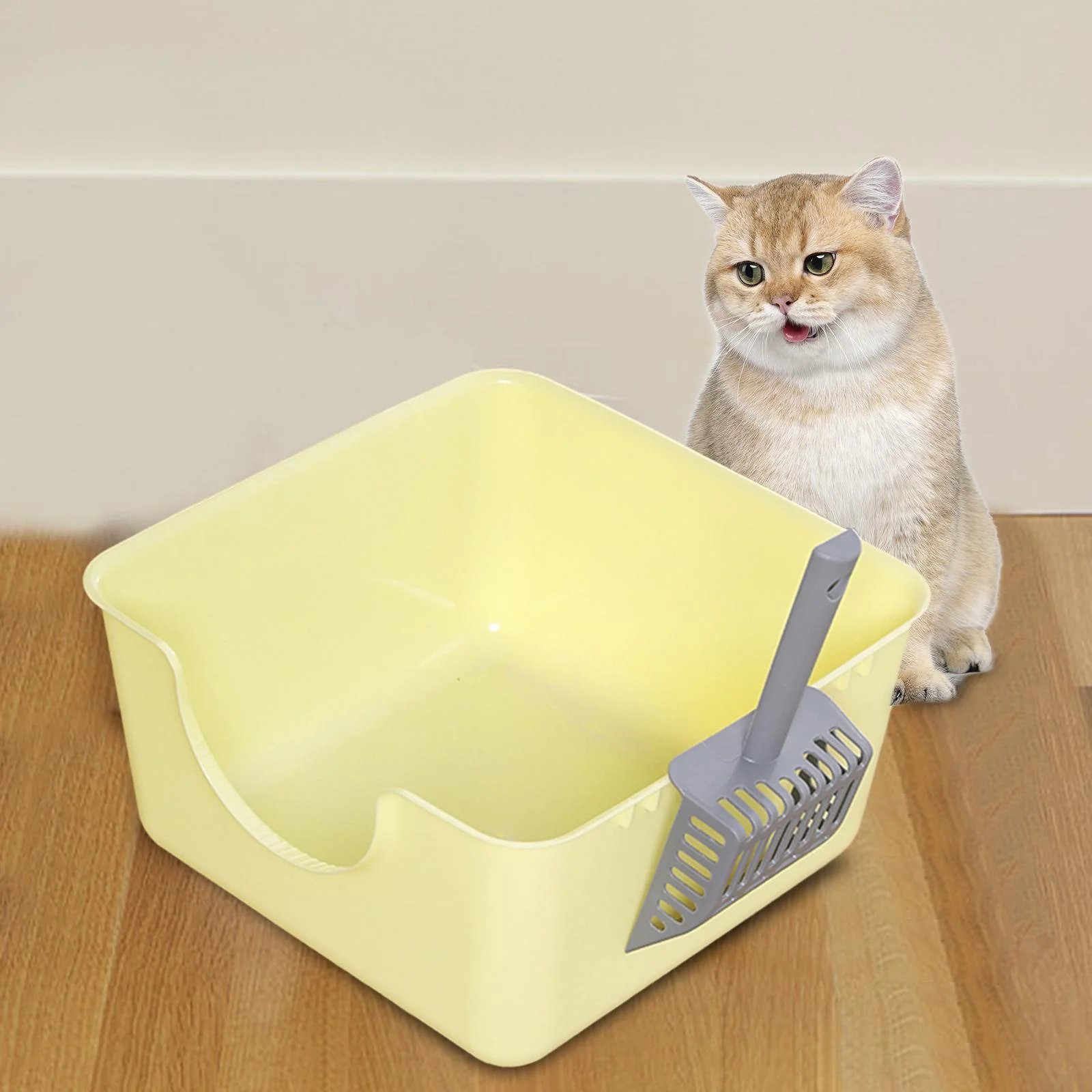 Gazechimp Open Top Pet Litter Tray Anti Splashing with Cat Litter Scooper Cat Litter Box Yellow