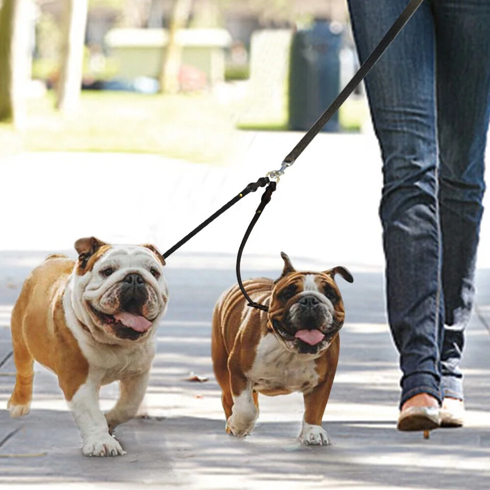 2 Way Braided Leather Dog Leash Double Coupler Splitter Walking Lead Twin Dogs